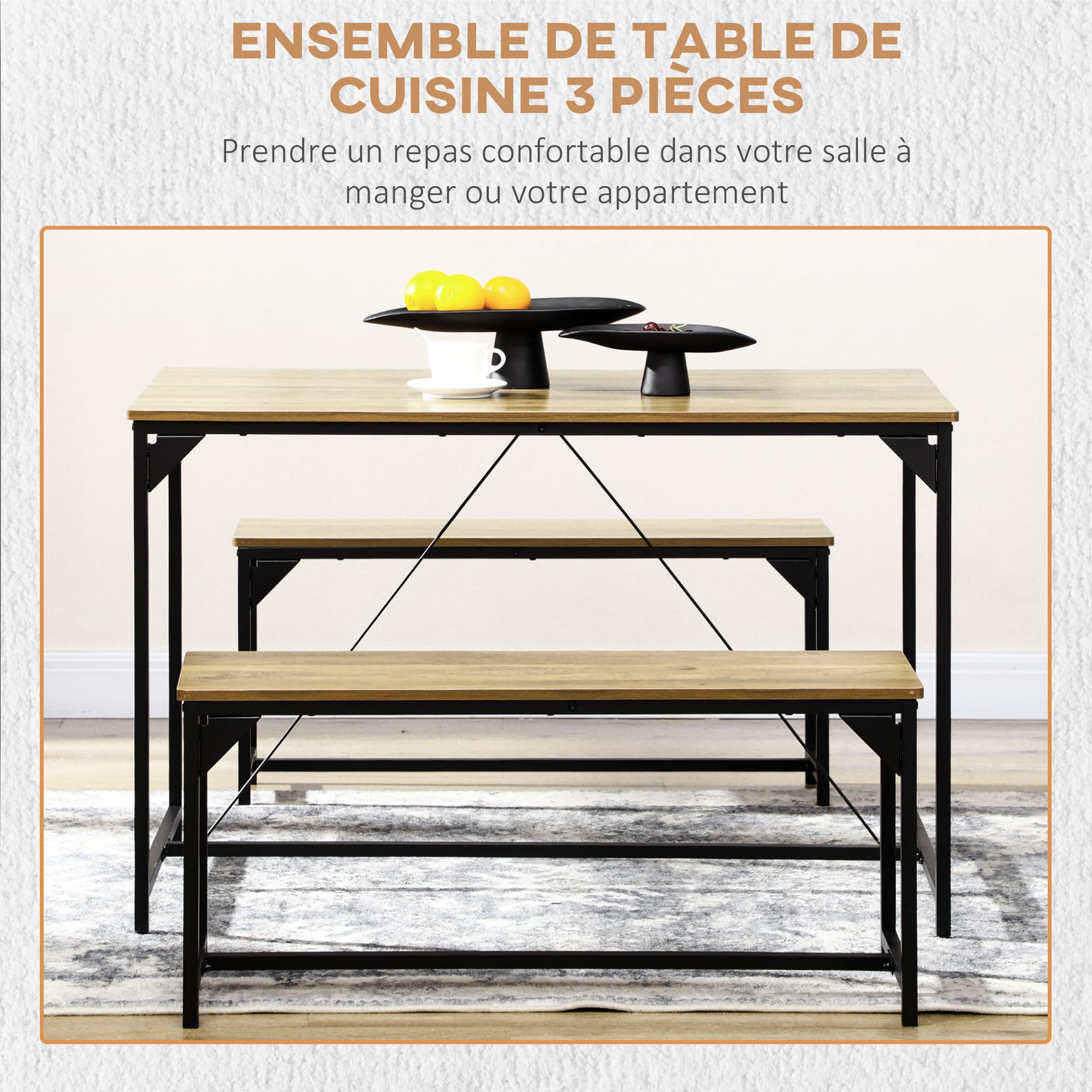 HOMCOM Ensemble Table à Manger et 2 Bancs Acier 120x70x75 cm Banc 100x30x45 cm 4 Personnes Cuisine Salle à Manger Naturel Noir