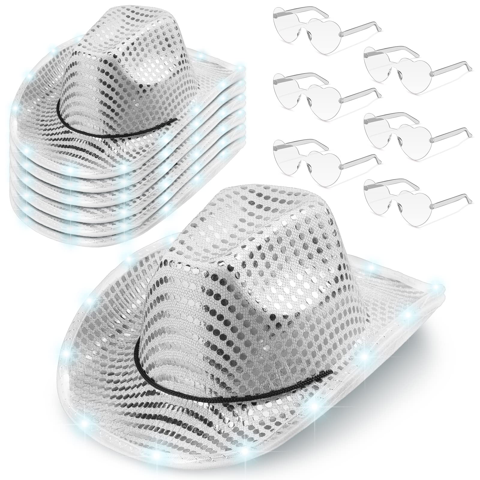 Zhanmai 6 Set LED Cowboy Hat Light Up Glitter Cowboy Hat with Sunglasses Sequin Space Cowgirl Hat for Women Men Costume Accessories (Gray)