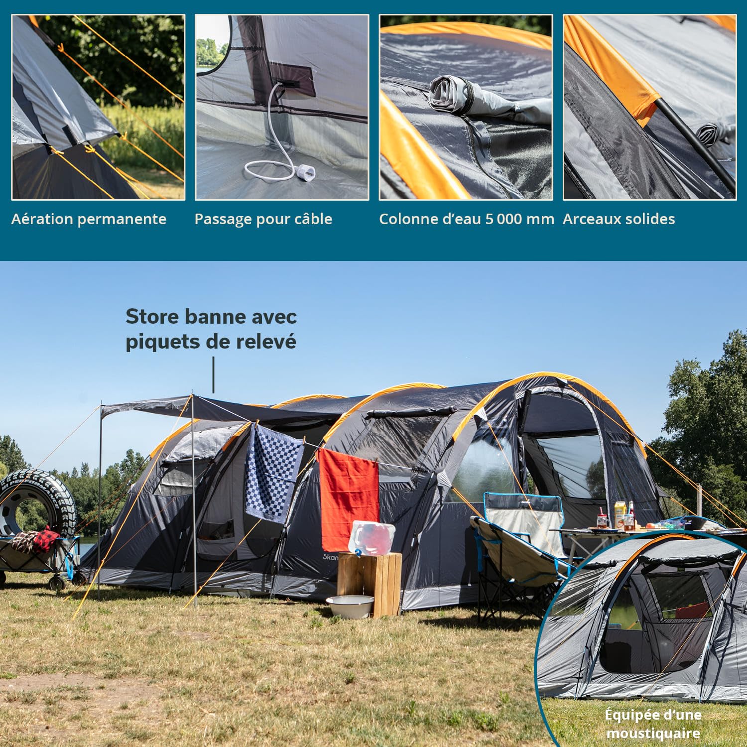 Skandika Tente Tunnel Gotland 6 Protect | Tente de Camping familiale pour 6 Personnes, Tapis de Sol Cousu, étanche, avec Store banne et Passage de câbles | Toile de Tente 6 Personnes