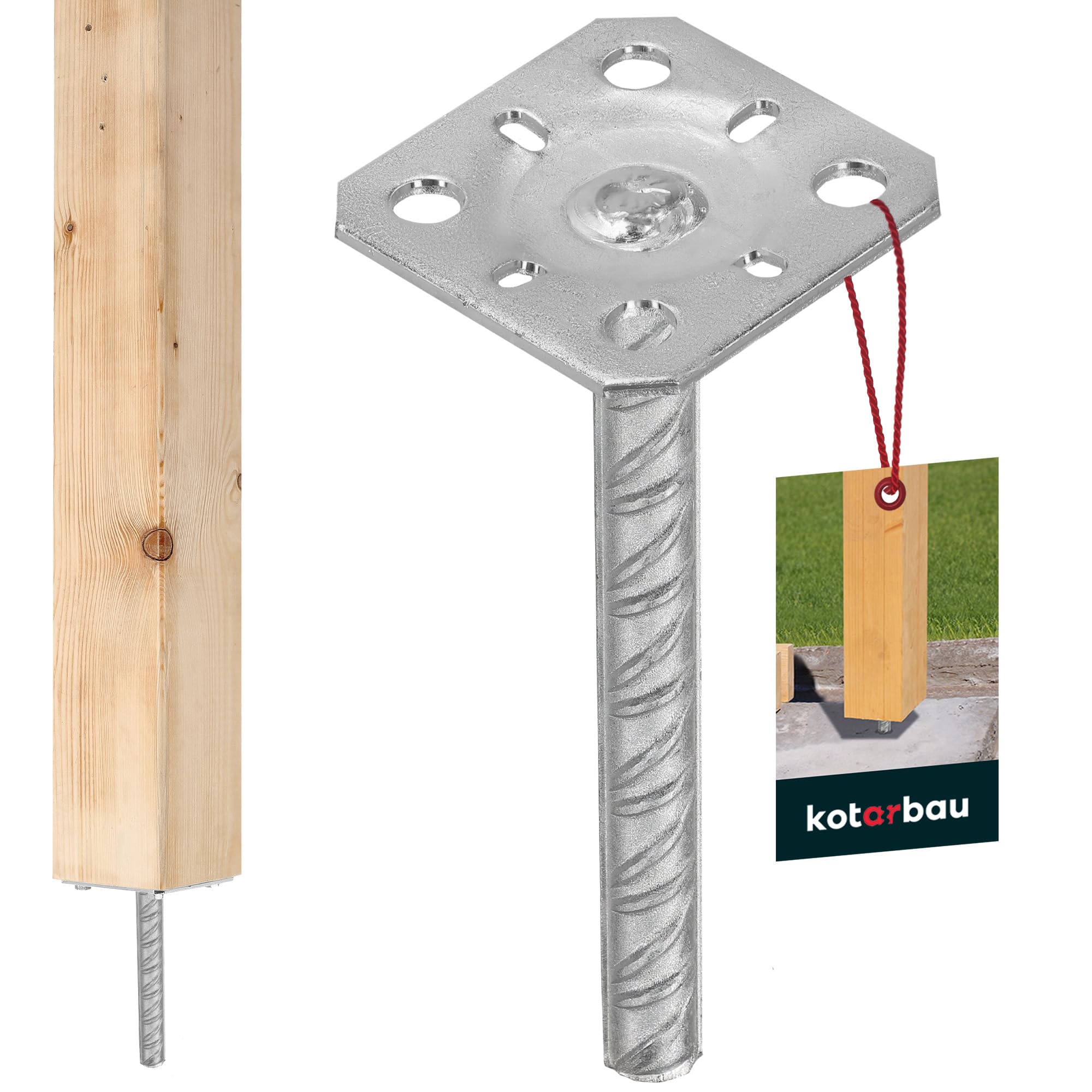KOTARBAU® Post Base - Galvanised Steel - 80x80x200 mm (3.15x3.15x7.87 inches) - Silver - Fence Post Base Concrete - with Ribbed Dowel - for Fence Posts - Wooden Beams - Support Concrete Anchor