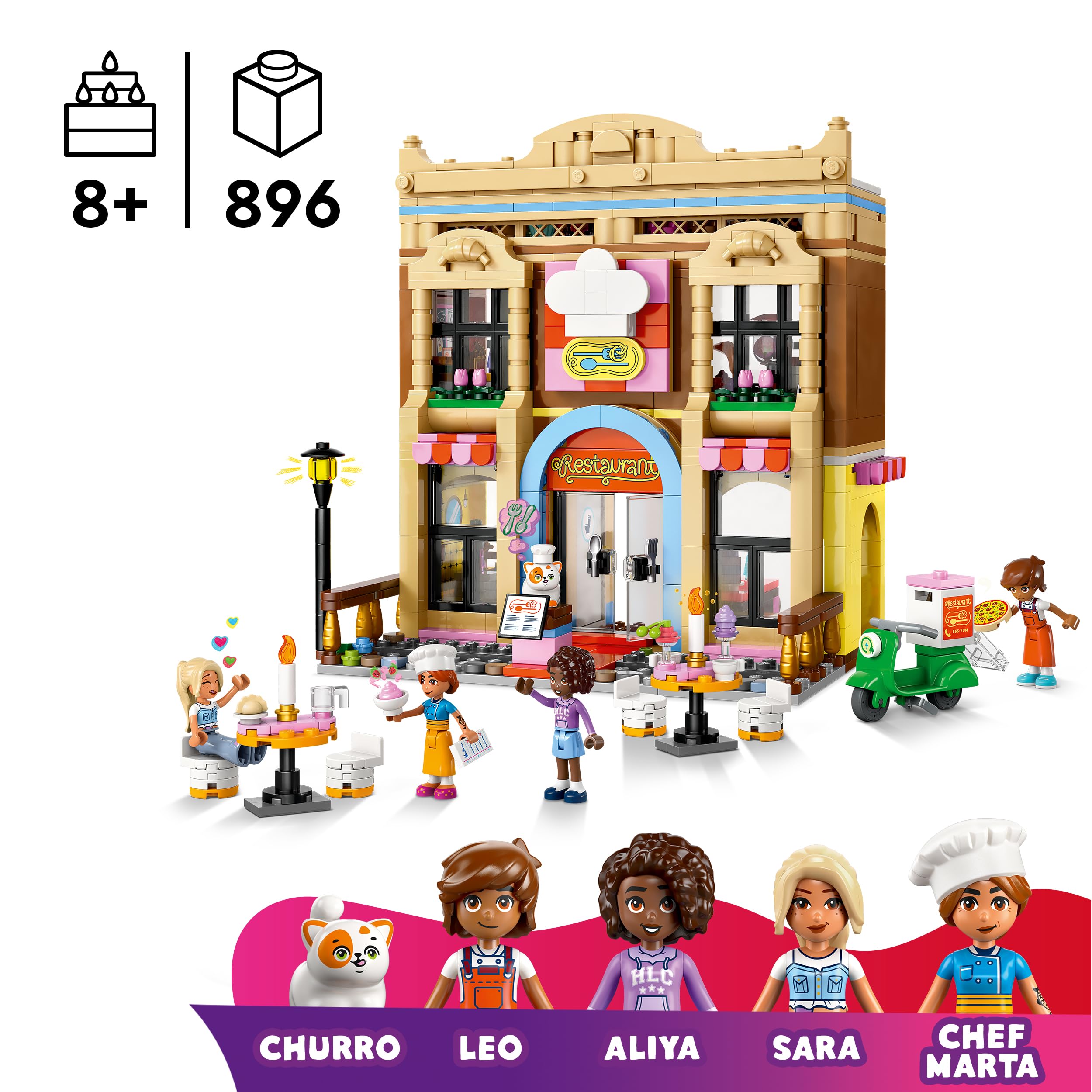 LEGO Friends Restauracja i Szkoła Gotowania, Kreatywna Zabawka dla Dziecka do Zbudowania, Minilaleczki, Zabawkowa Kuchnia i Figurka Kota, Prezent dla 8-latki, dla Dziewczynki i Chłopca, 42655