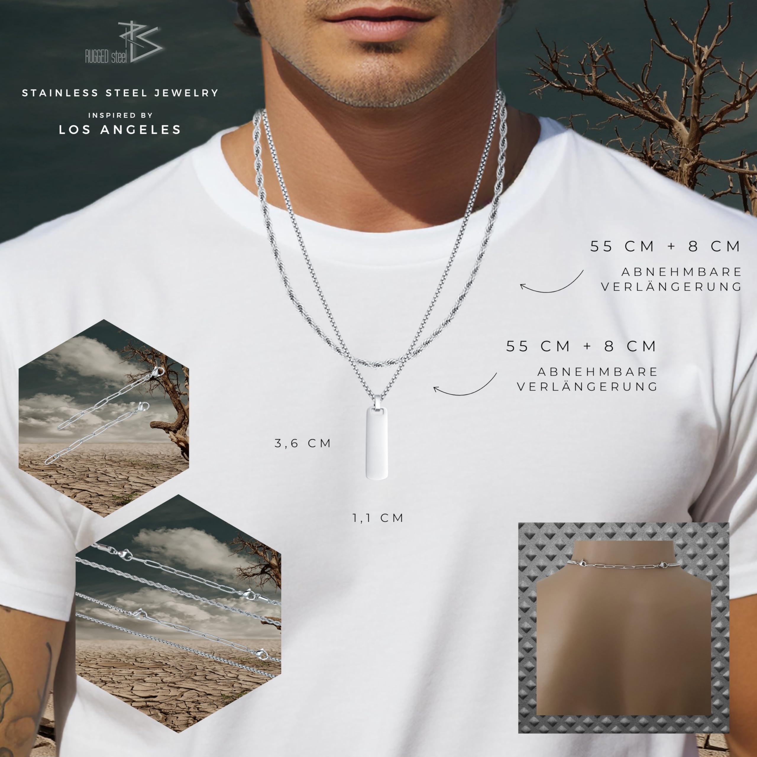 2 collane da uomo in acciaio inox con elegante ciondolo – Collana con cordoncino da 55 cm e catenina da 55 cm (+ 2 prolunghe da 8 cm) – impermeabile e resistente al sudore – argento
