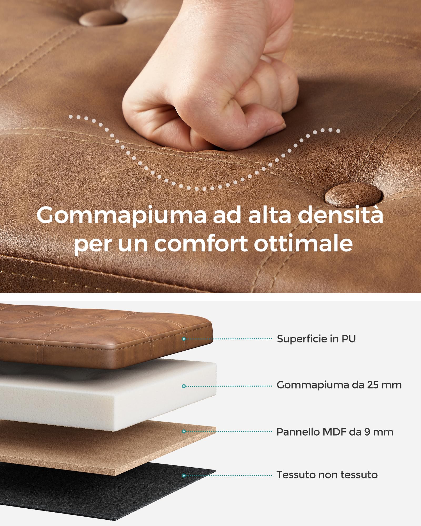 SONGMICS Cassapanca, Pouf Contenitore, Poggiapiedi Pieghevole da 38 x 110 x 38 cm, Ottomano, Regge Fino a 300 kg, per Soggiorno, Camera da Letto, Entrata, Marrone caffè LSF070K01V1