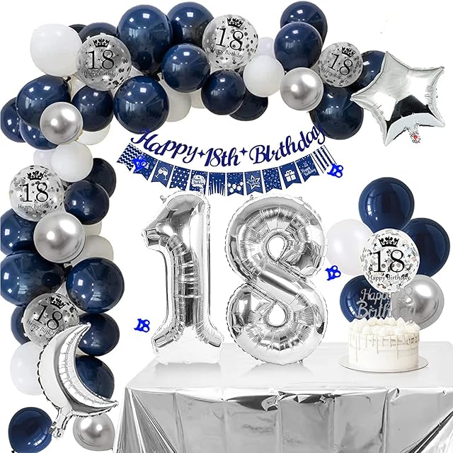 Apradas 18th Birthday Decorations for Men Boys Navy Blue Silver Balloons with 18 Happy Birthday, Confetti Number 18 Foil Balloonsfor 18th Birthday Party Decorations Supplies