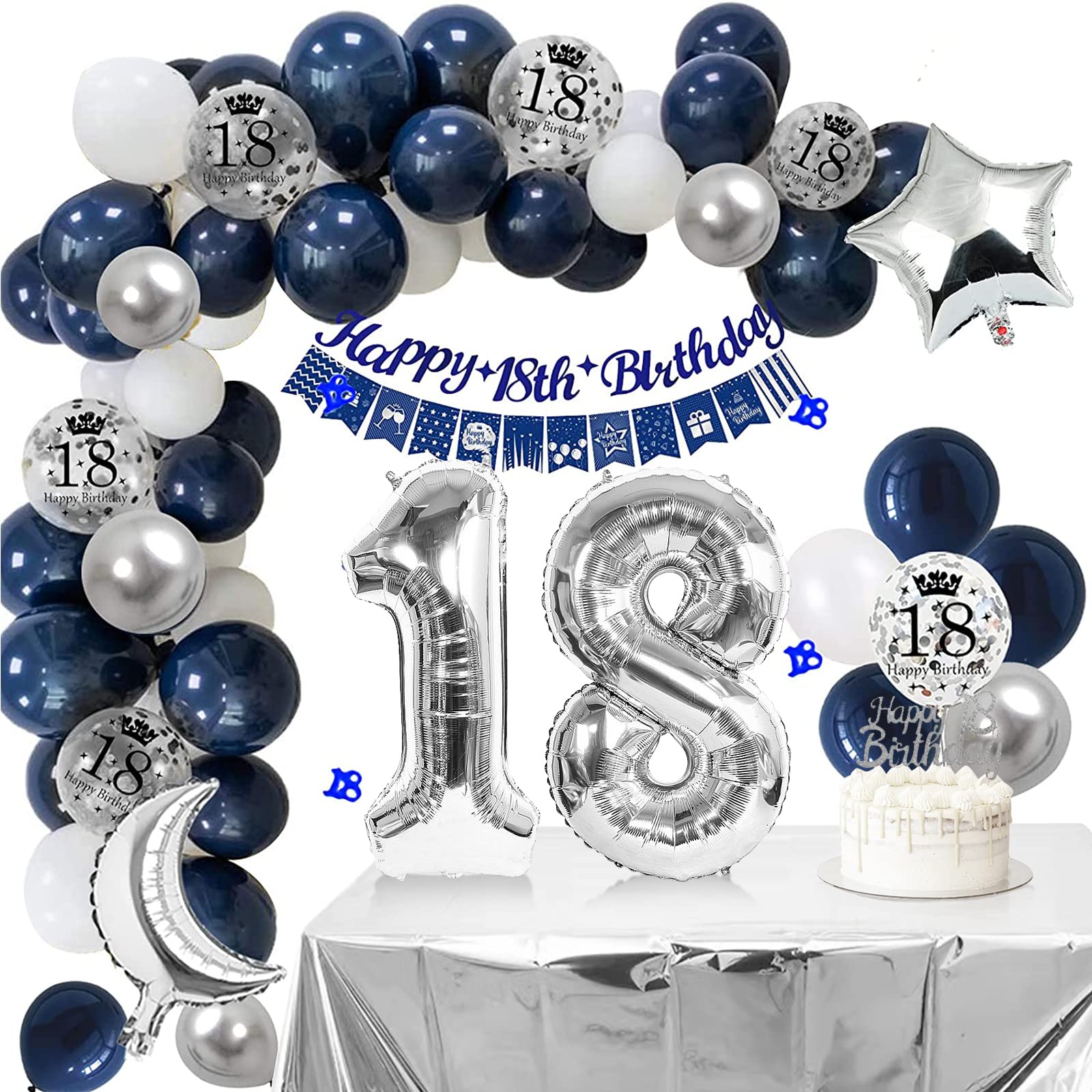 18th Birthday Decoration Balloon Set, Navy Blue and Silver, Number 18 Foil Balloons, Banner, Cake Topper, Confetti, Party Supplies for Men and Boys (Blue Silver)