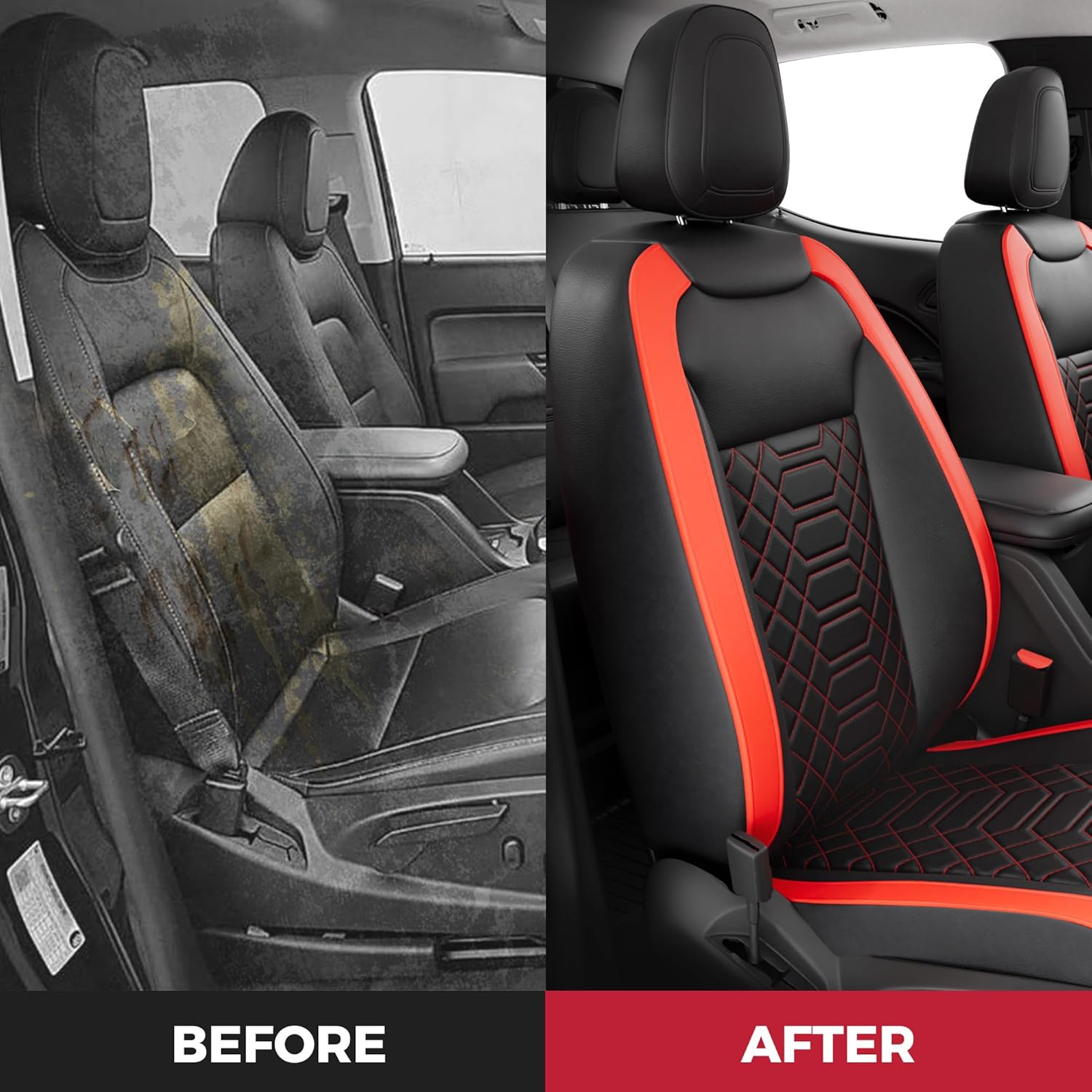 FREESOO Custom 1:1 for Chevy Colorado Seat Covers, Fit for Colorado 2014-2022 Crew Cab Z71 LT ZR2 Work Truck, Faux Leather Seat Covers Full Set - Rear Row W/40/60 Split Seat (BlackRed) 5 seat