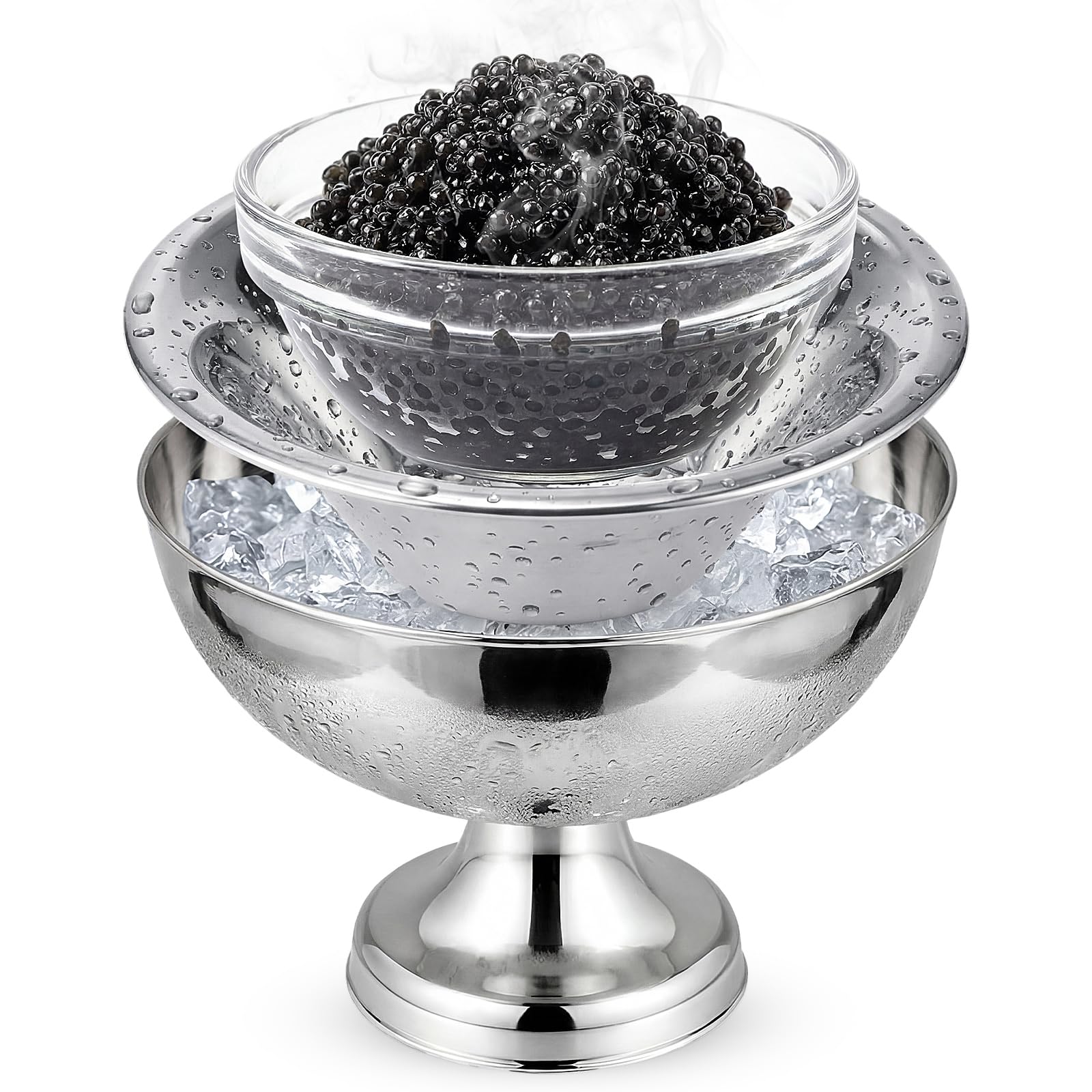 Photo 1 of LOYIM Vintage Caviar Serving Set with Stainless Steel Cover and Ice Holder 3 Inch Glass Caviar Dish Chiller Bowl for Dessert Ice Cream Yogurt Weddings Small Appetizers Shrimp Sauce Dishwasher Safe