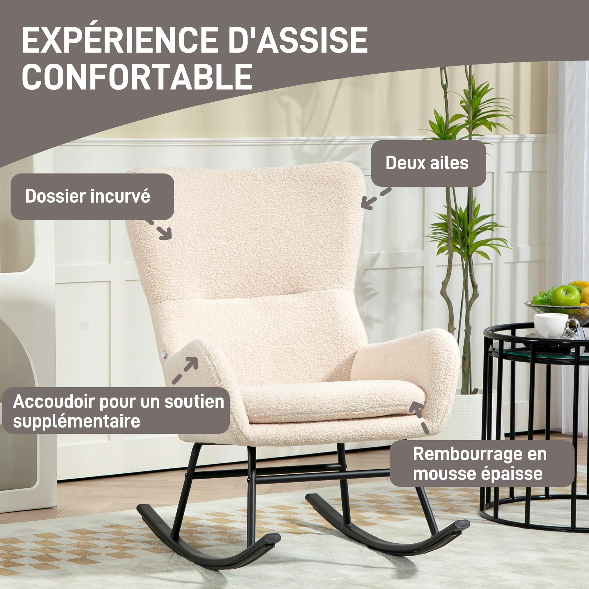 HOMCOM - Silla Mecedora, Mecedora, con Asiento de 10 cm de Grosor, Patas curvadas de Acero, Capacidad de Carga 120 kg, para salón, Dormitorio, balcón, Beige y Negro