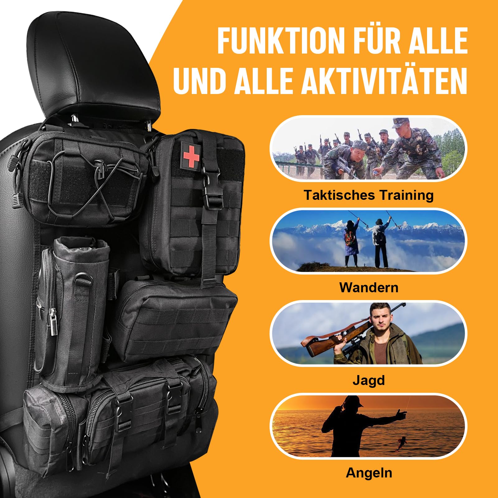 Taktischer Fahrzeug-Sitzlehnen-Organizer mit Sanitätstasche, Wasserflaschentasche und Admin-Panel-Aufbewahrungstaschen