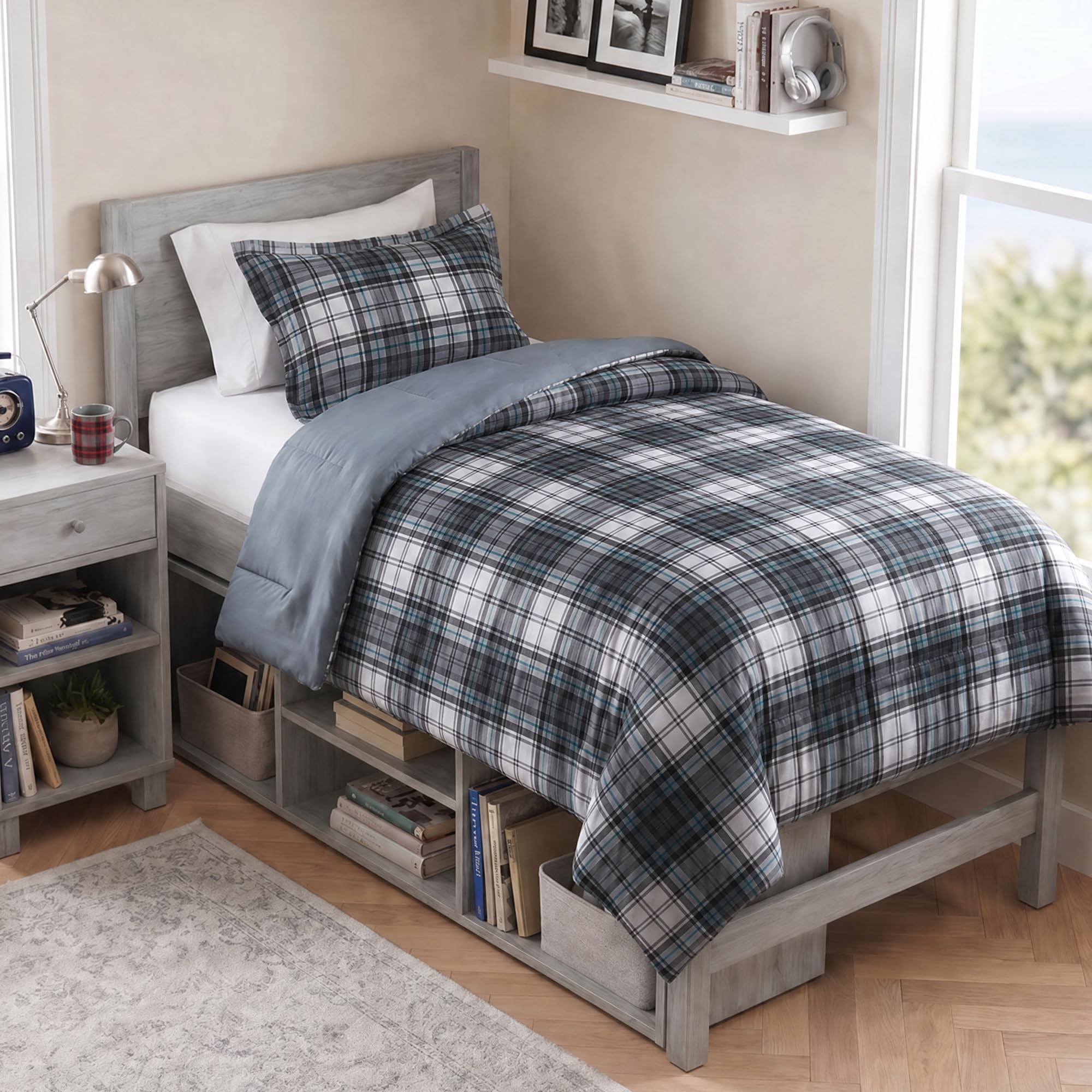 Madison Park Plaid Comforter, Matching Sham, 3M Scotchguard Stain Release Cover, Hypoallergenic All Season Bedding-Set, Microfiber, Grey, Twin/TwinXL