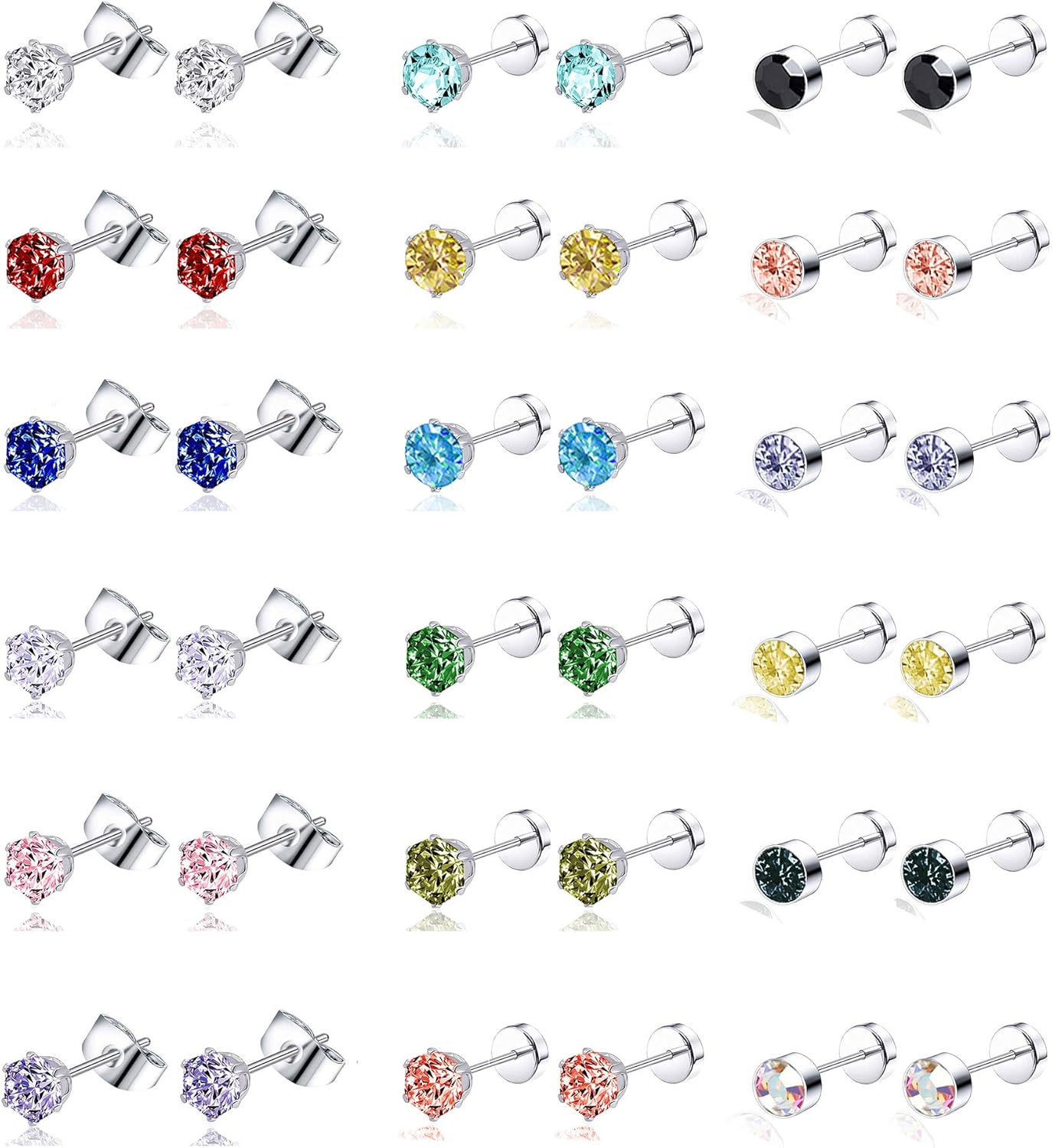 Tornito 20G 18 Pairs Stainless Steel Multicolor CZ Stud Earrings Set Piercing Cartilage Helix Earrings Set Screwback for Women 3MM-5MM
