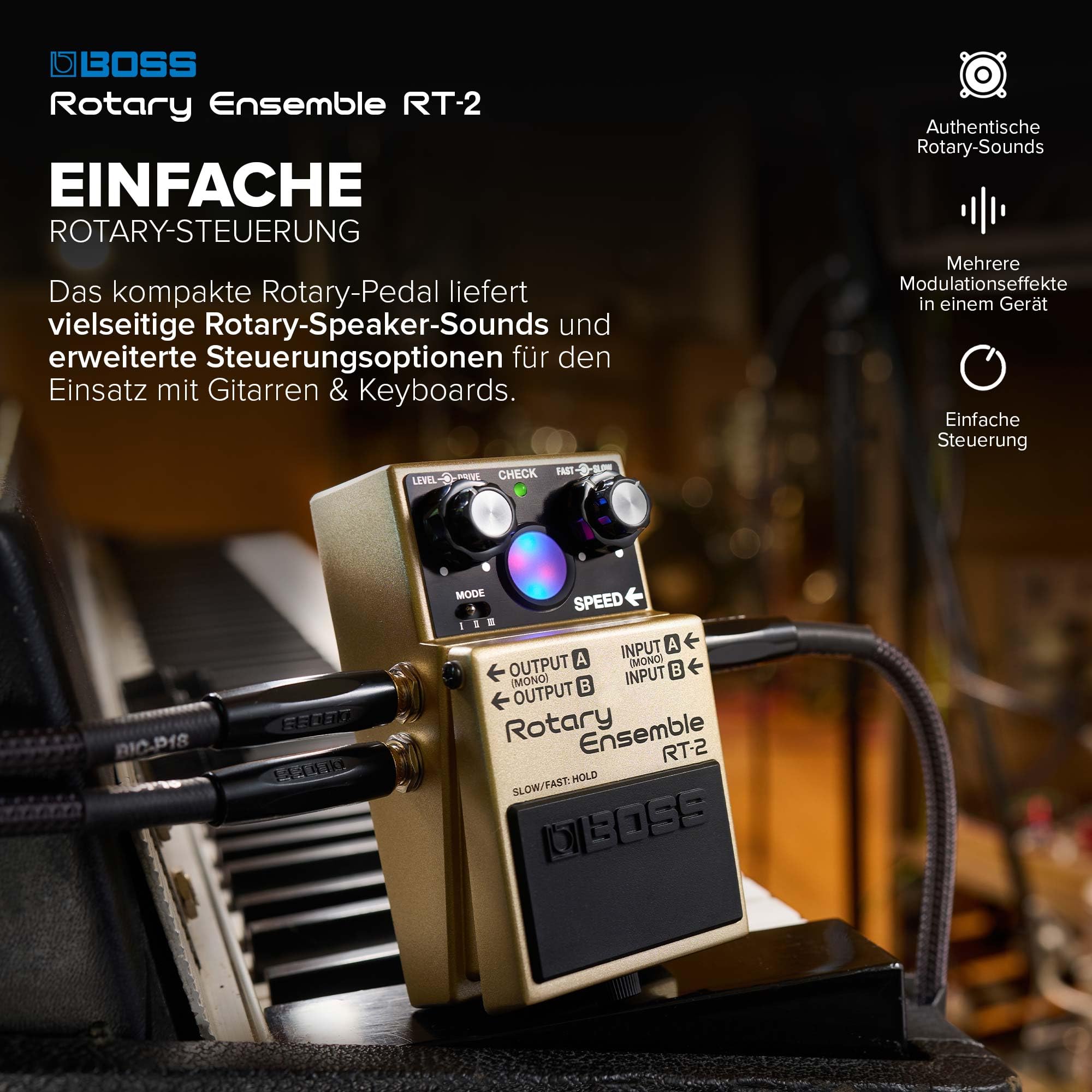 BOSS RT-2 | Kompaktes Rotary Ensemble Pedal | Authentische Rotary-Speaker-Sounds | Speziell für Gitarre & Keyboard | 3 vielseitige Modi | Mehrere Modulationseffekte in einem