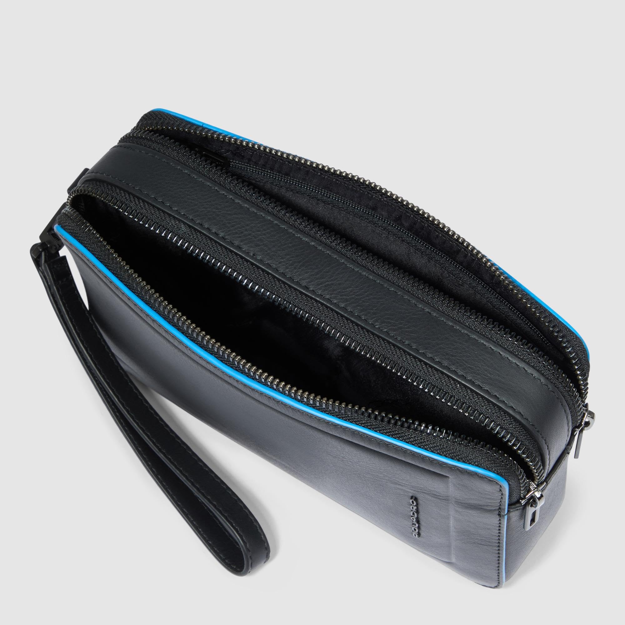 PIQUADRO – Pochette in Pelle – 2 Scomparti, Polsiera Rimovibile – Design Compatto – Colore Nero – Uomo