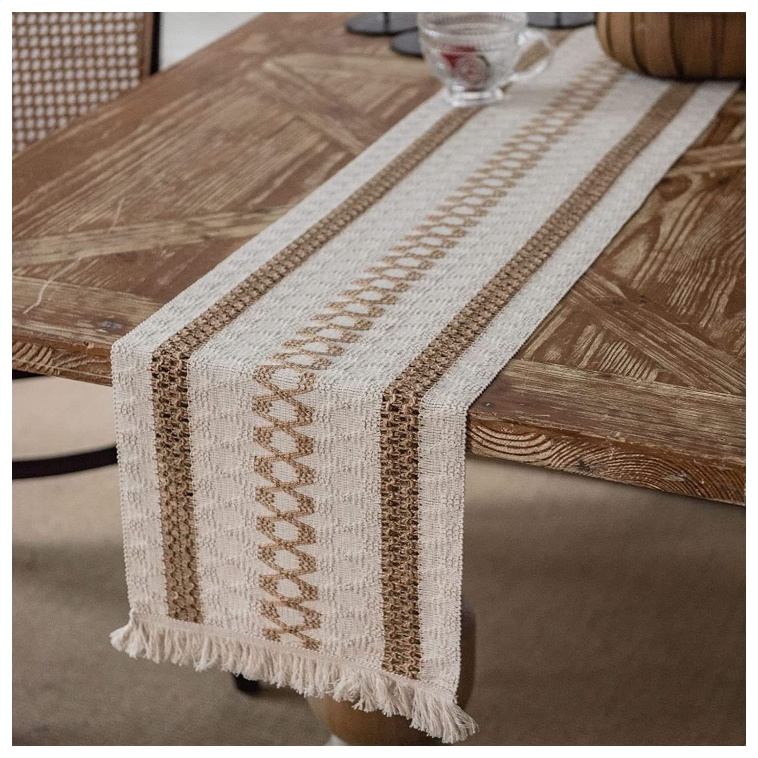 Macrame Table Runner 72 Inches Long for Home Decor Boho Cream & Brown Farmhouse Table Runner with Tassels for Bohemian Dining Bedroom Decor Rustic Bridal Shower (12x72 Inches) (Beige Pattern 13)