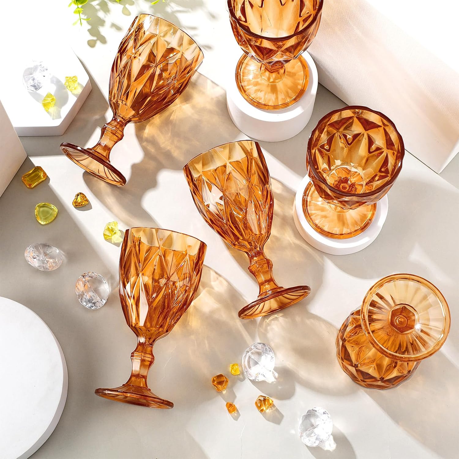 Tioncy 12 Pcs Plastic Wine Glasses Vintage Stemware Water Goblets 11 oz Unbreakable Wine Glasses Bulk Reusable Party Drinking Cup Champagne Flute for Wedding Reception Shower Bar Birthday(Amber)