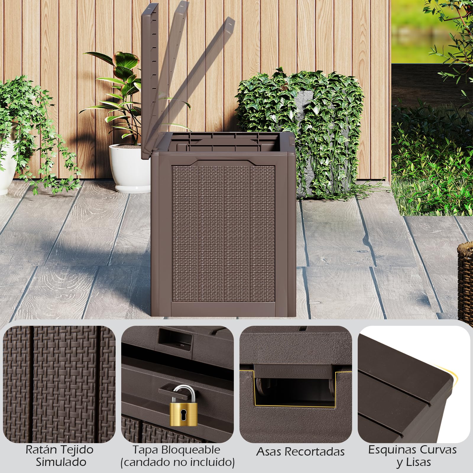 COSTWAY Arcón Jardin Exterior 96L, PP, Baul Almacenaje Exterior con Tapa Cerradura, Caja de Almacenamiento para Patio, 56 x 41 x 50,5 cm, Carga 150kg Terraza Balcón (café)