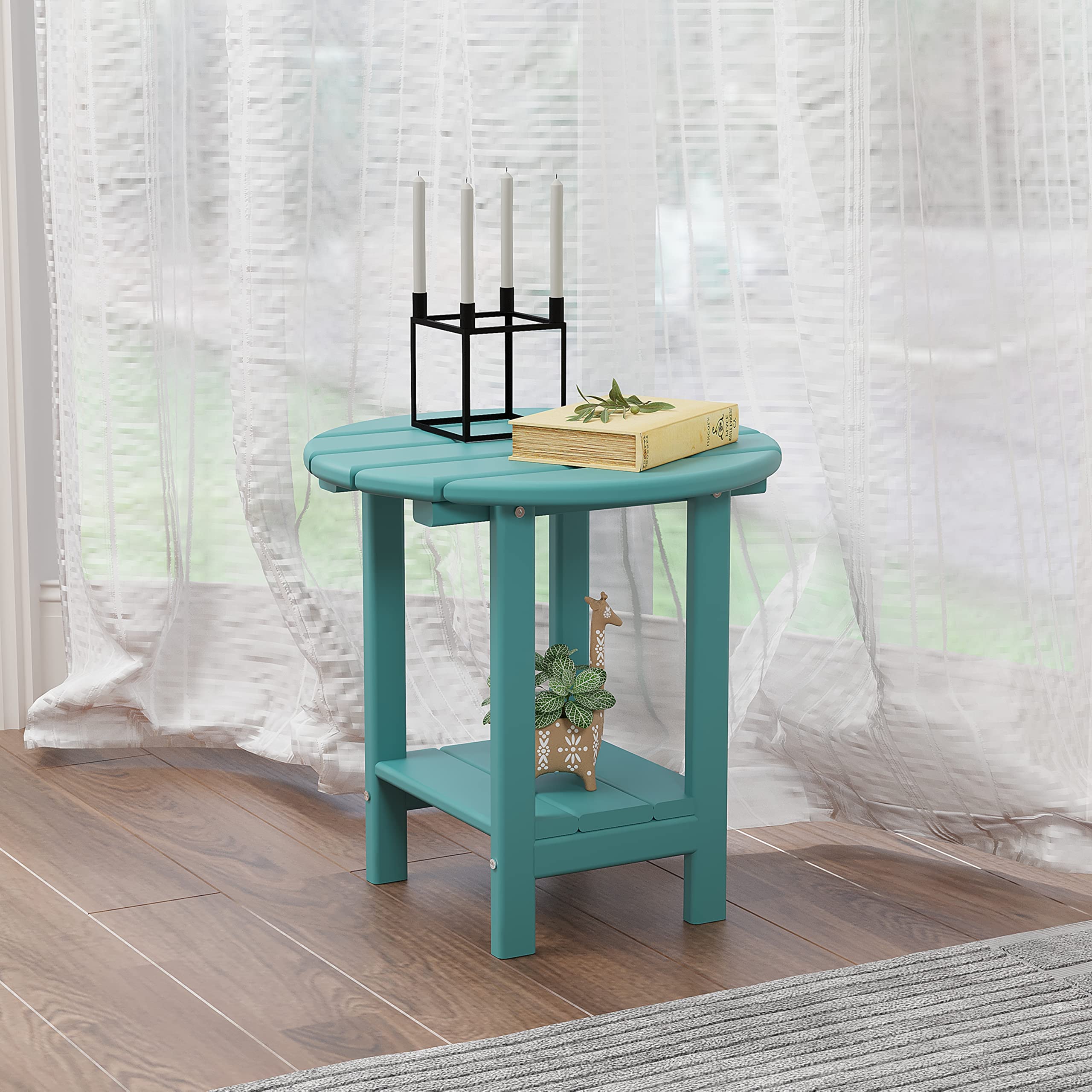 Sundale Outdoor 18" Round 2-Tier Side Table - All-Weather HDPE For Patio, Pool, Beach (Turquoise)