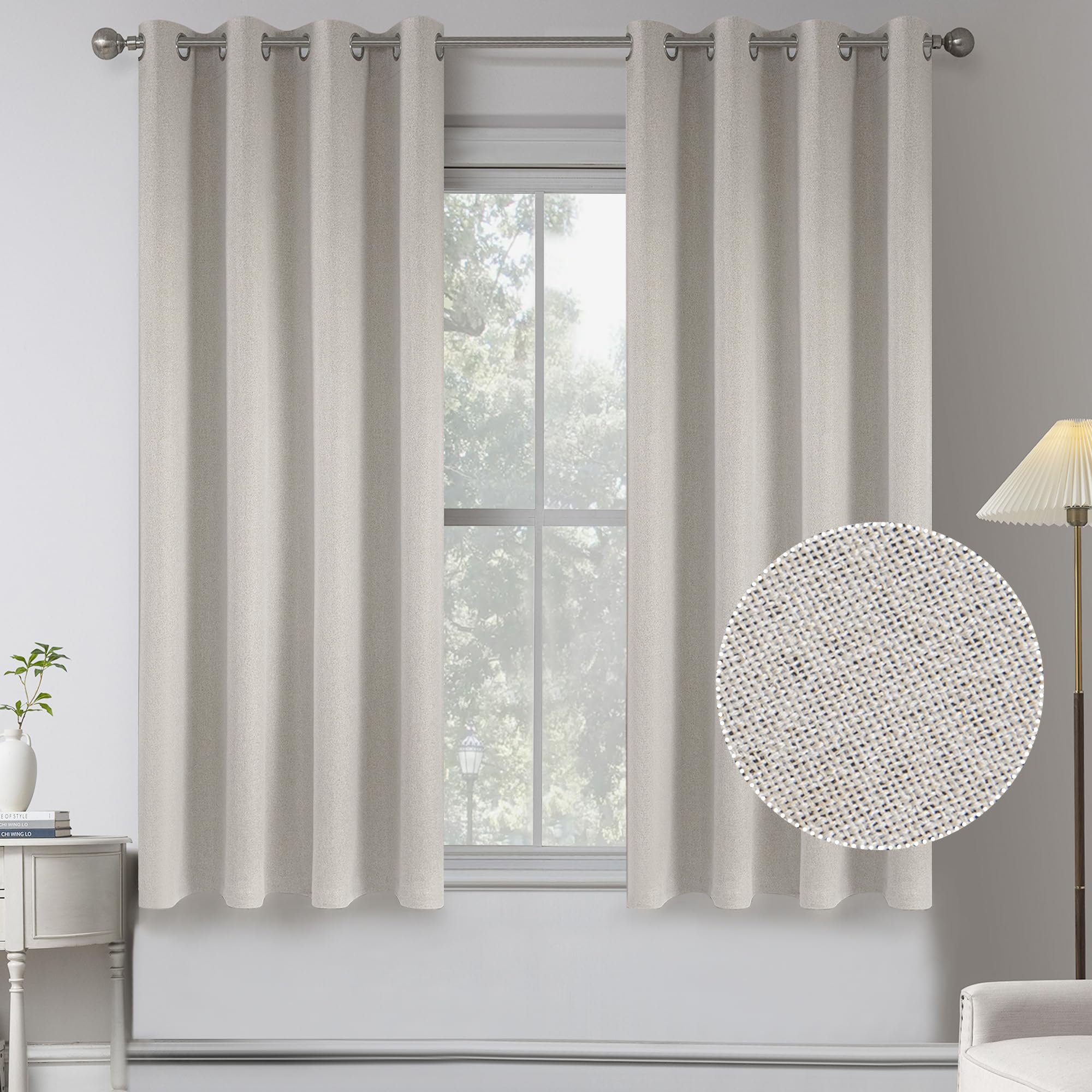 Linen Textured 100% Blackout Curtains for Kids Room -2 Pcs Thermal Insulated Entryway Cottage Decor Curtains -Kitchen Bathroom Waterproof Farmhouse