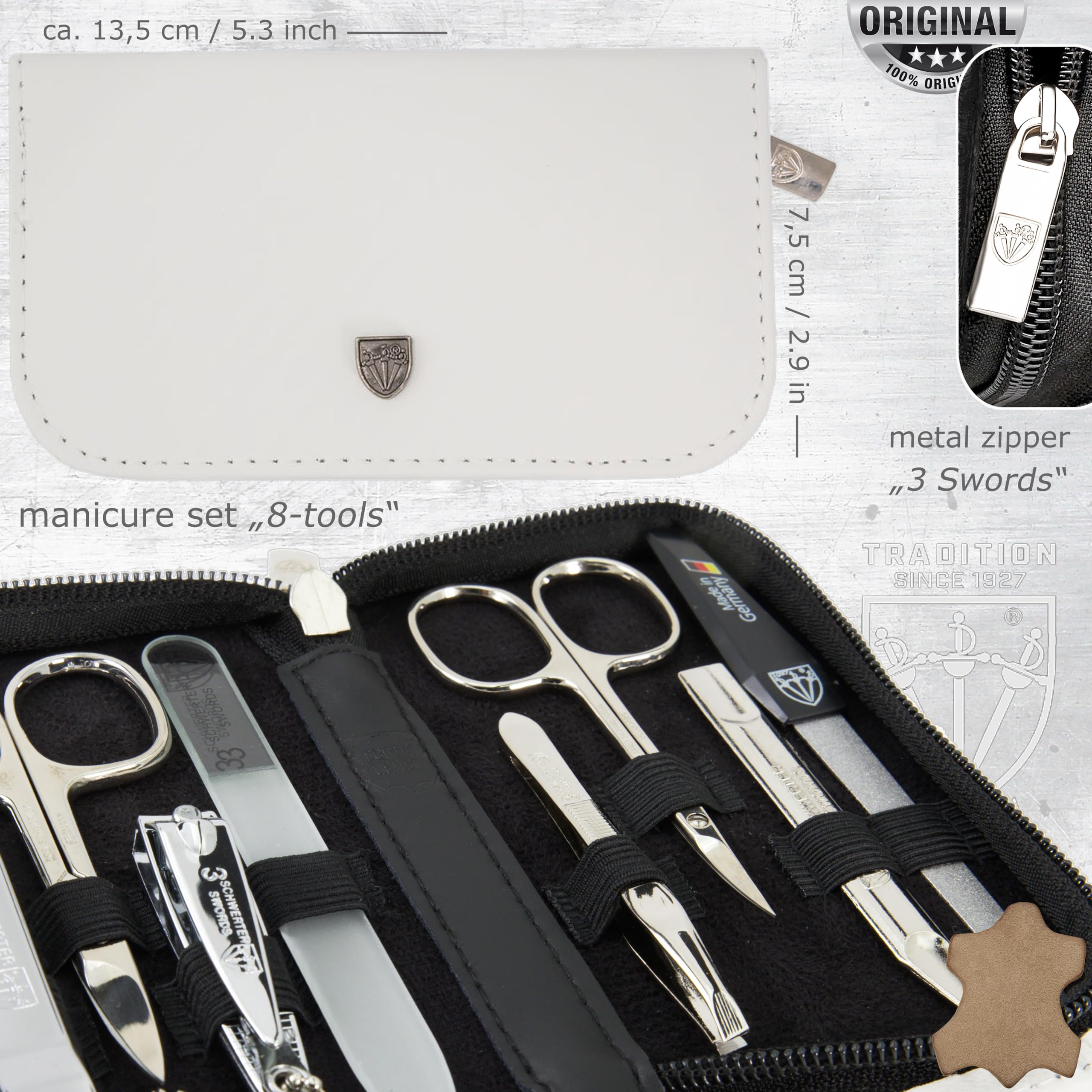 Swords Germany - Set di 8 pezzi per manicure e pedicure, per la cura professionale delle unghie, custodia in vera pelle bianca, Made in Germany
