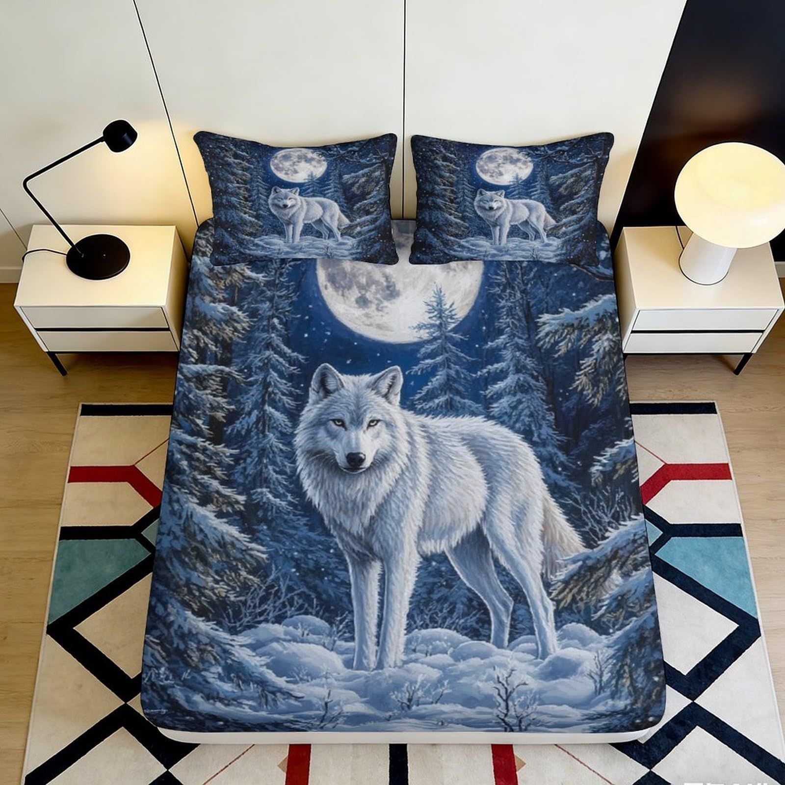 3D Printed Wolf Moon Night Fitted Sheet Microfiber Anti-Slip Snow Forest Mattress Cover Bedroom Decor 160x200x25cm