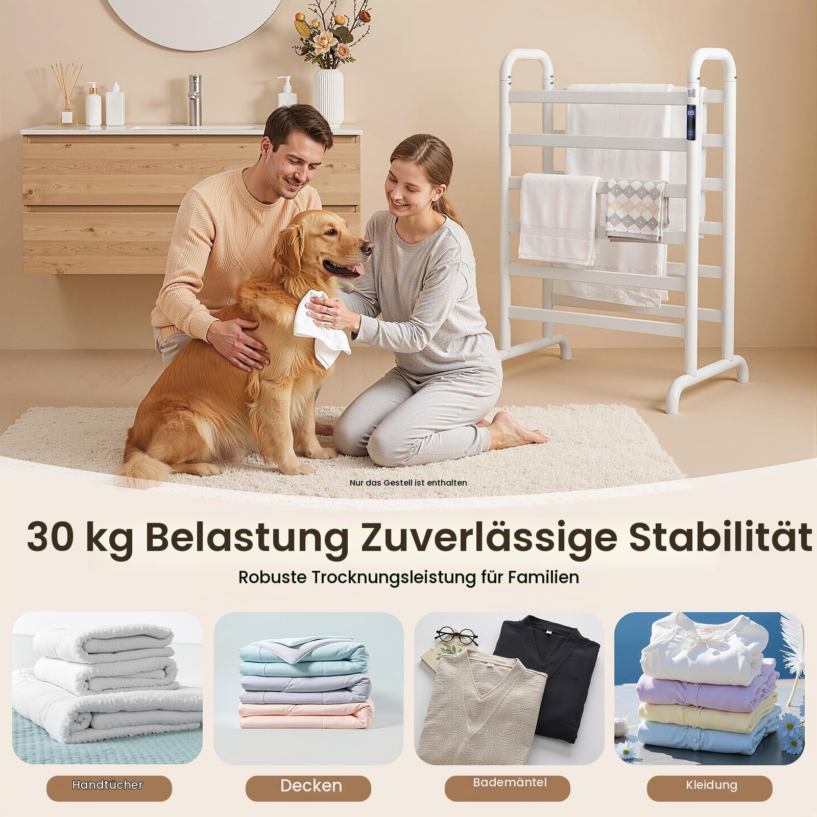 Handtuchheizkörper Elektrisch Handtuchhalter ohne Bohren 1-24h Timer, 45-60°C 180W Weiß Doppelstöckig Freistehend Handtuchwärmer für Bad bis 30kg 60 * 43 * 90.5cm