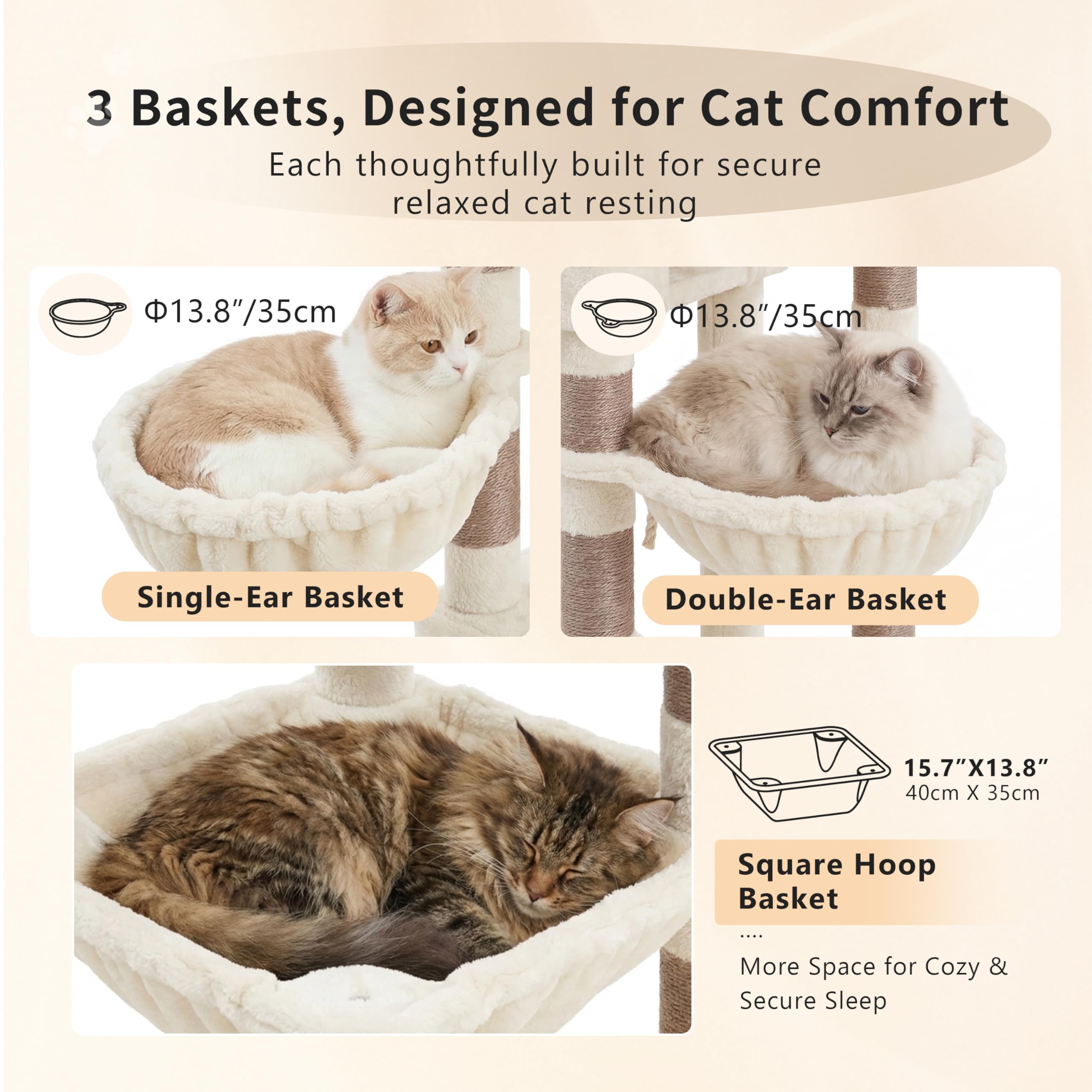 Heybly Árbol Rascador para Gatos Grandes, 190 cm Rascador para Gatos XXL, Torre Alta y Espaciosa con Amplia Plataforma Superior, Base Estable, 2 Casitas, Hamaca y Postes de Sisal, Beige HCT062MJ