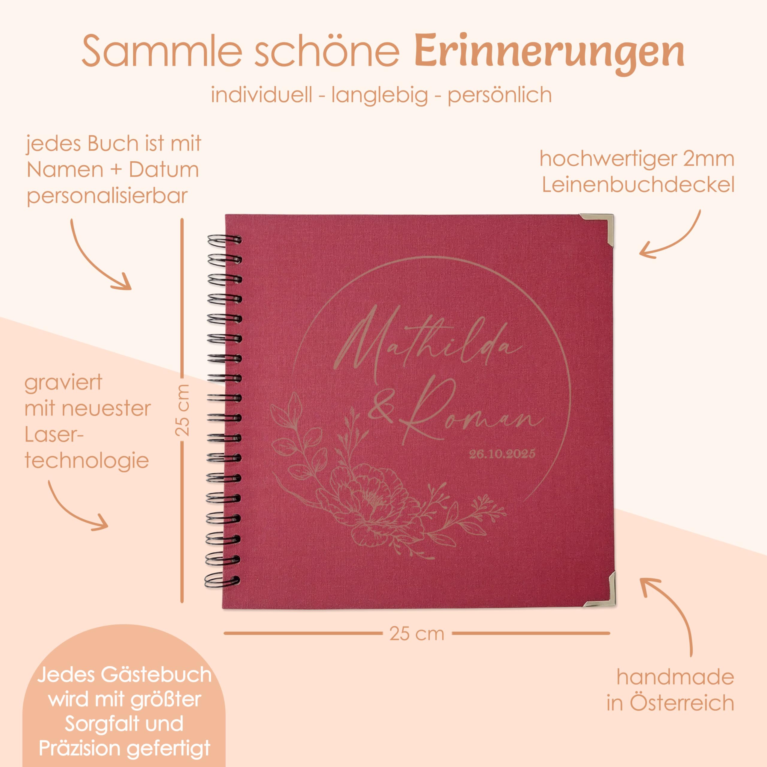 Gästebuch Hochzeit mit Fragen Ringbuch, Leinen Hochzeitsgästebuch mit vorgedruckten Fragen zum Ausfüllen, Personalisiert mit Namen, 25x25 cm Blumen, Feenstaub