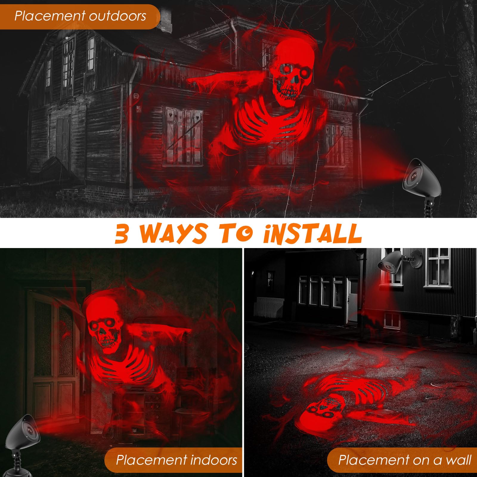 Halloween Projektor Lichter Outdoor, 3D Dynamische LED Roter Schädel Halloween Dekoration, Halloween Fenster Projektor Hologramm