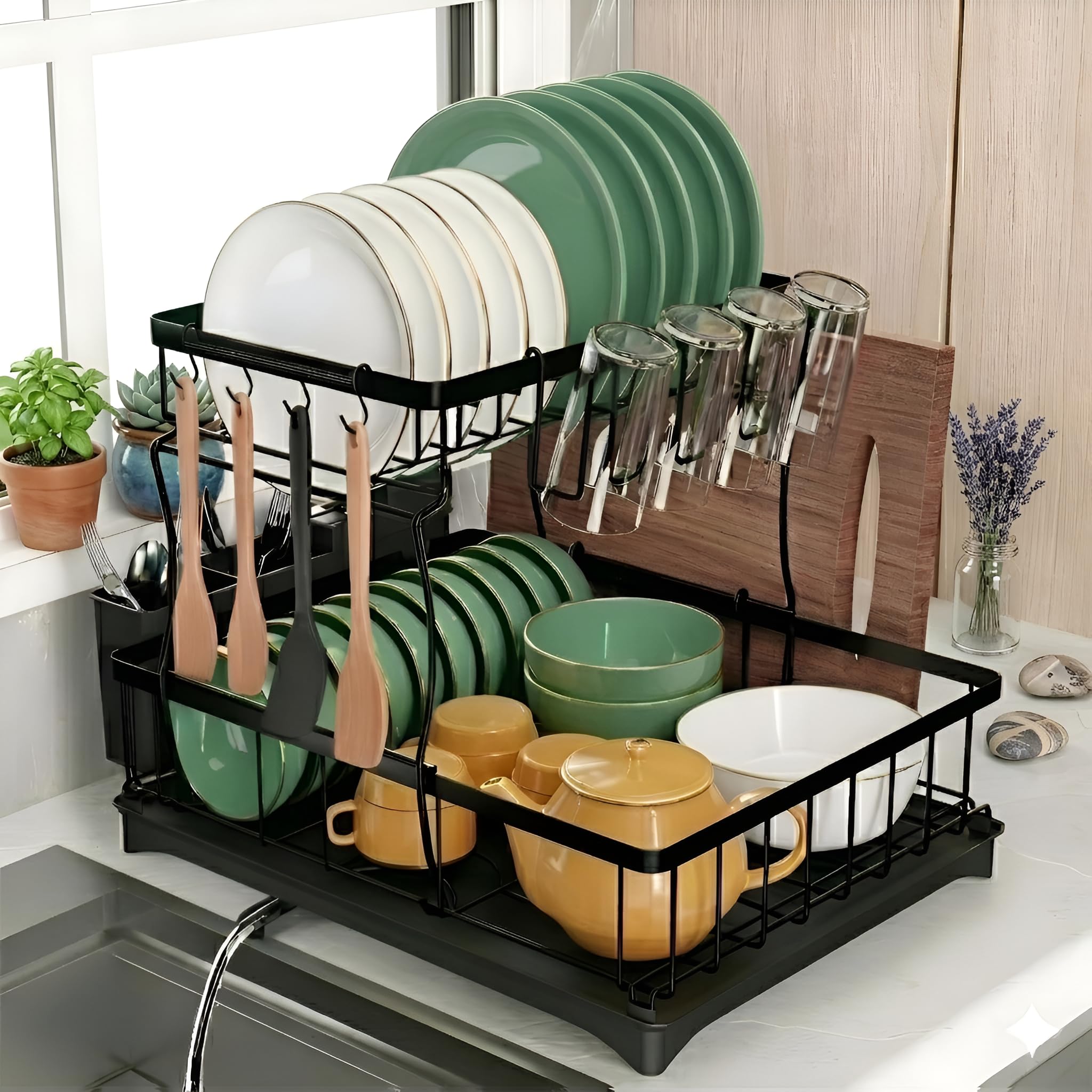 Harnikk Stainless Steel 2 Tier Dish Drainer Rack for Kitchen Sink - Large Dish Rack Drainer with Draining Board & Drip Tray and Extra Spatula Stand - Black