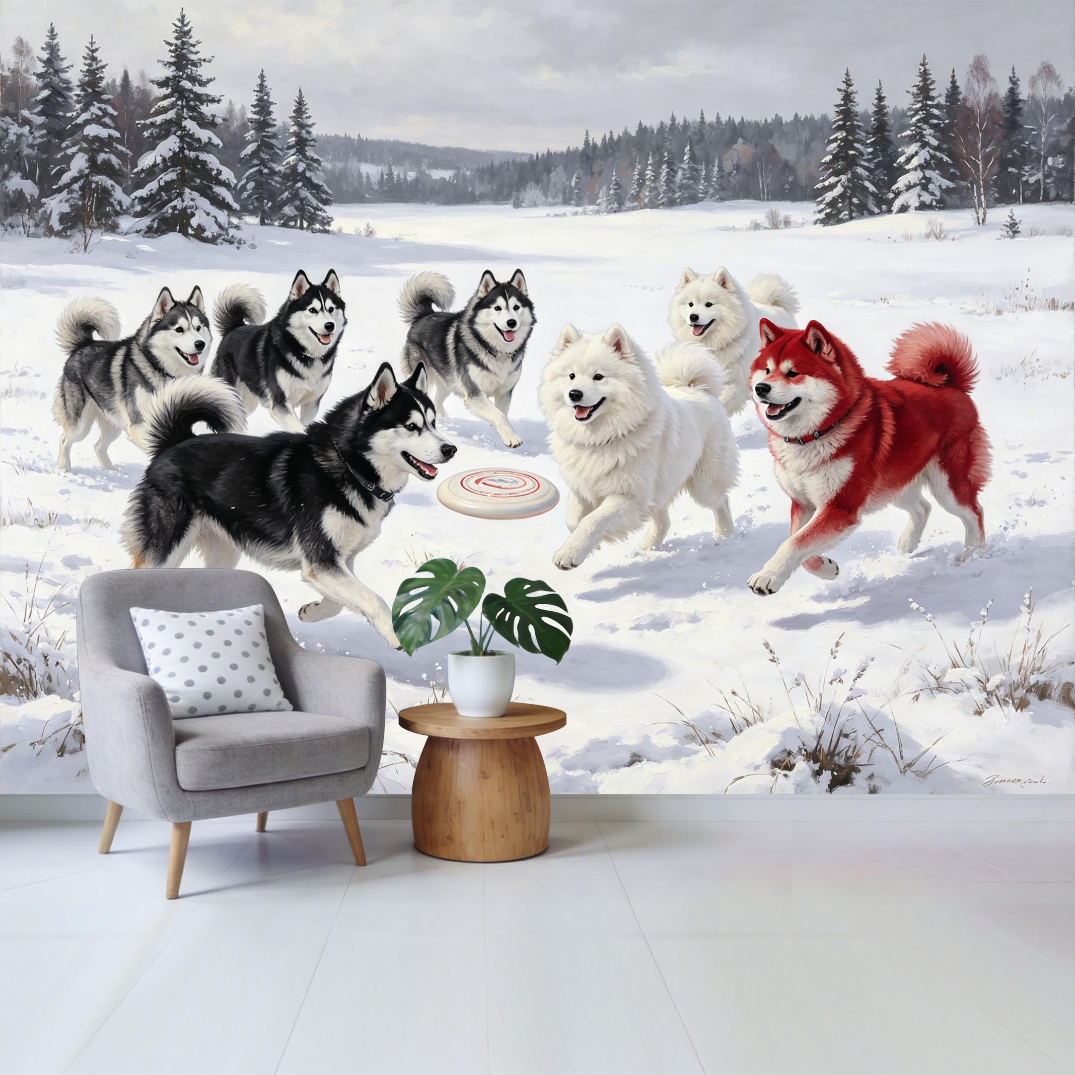 Qzlithotic Yq2605250479 Custom Size Wall Mural Winter Snowy Forest Landscape Running Huskies Samoyeds Oil Painting Style Selfadhesive Wall Fabric Removable Wallpaper For Home Office Decor