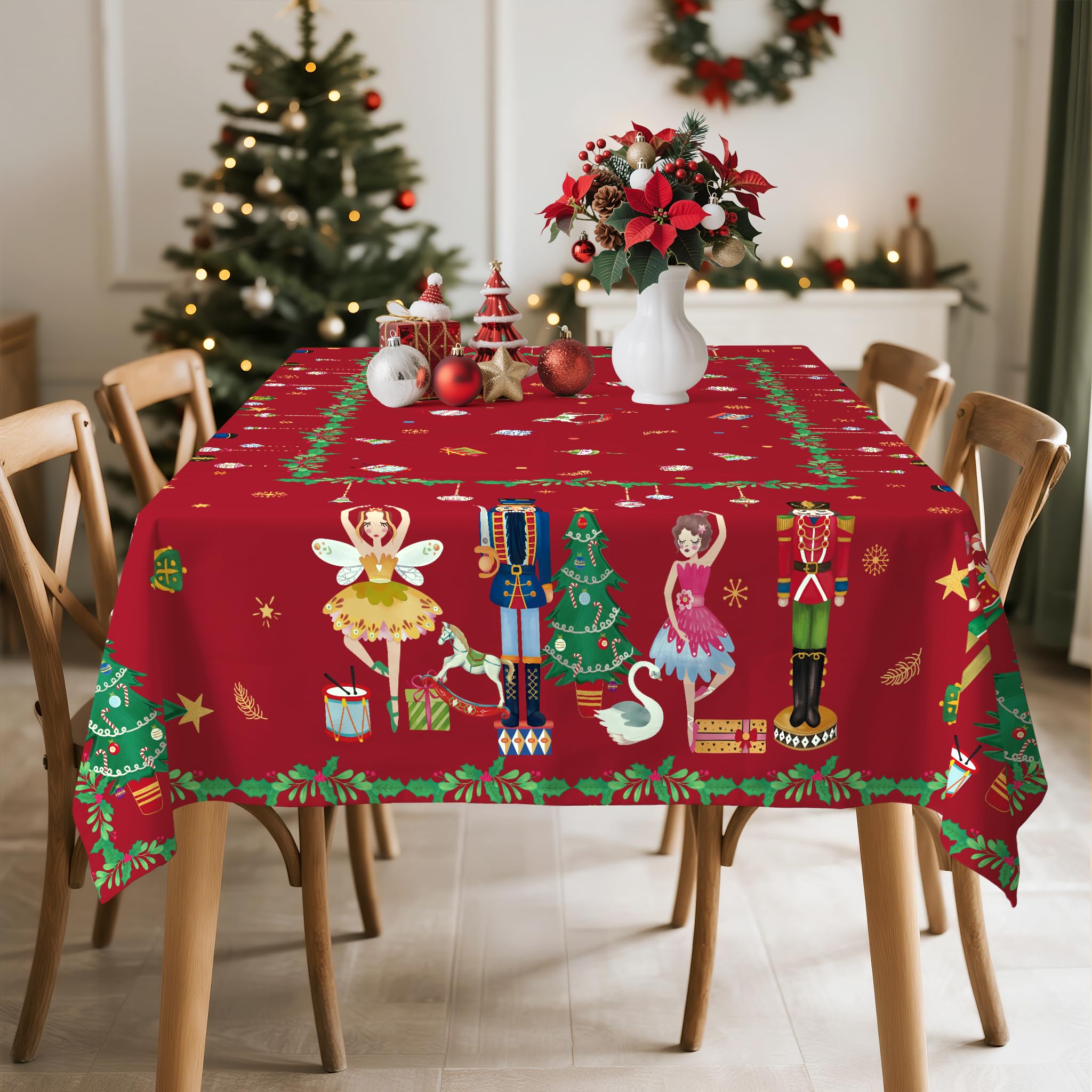 Mantel Rectangle, Navidad Cascanueces Xmas Rojo Mantel Impermeable Antimanchas Lavable Duradera Verde para Cocina Comedor Fiestas Primavera Verano(304X152Cm)