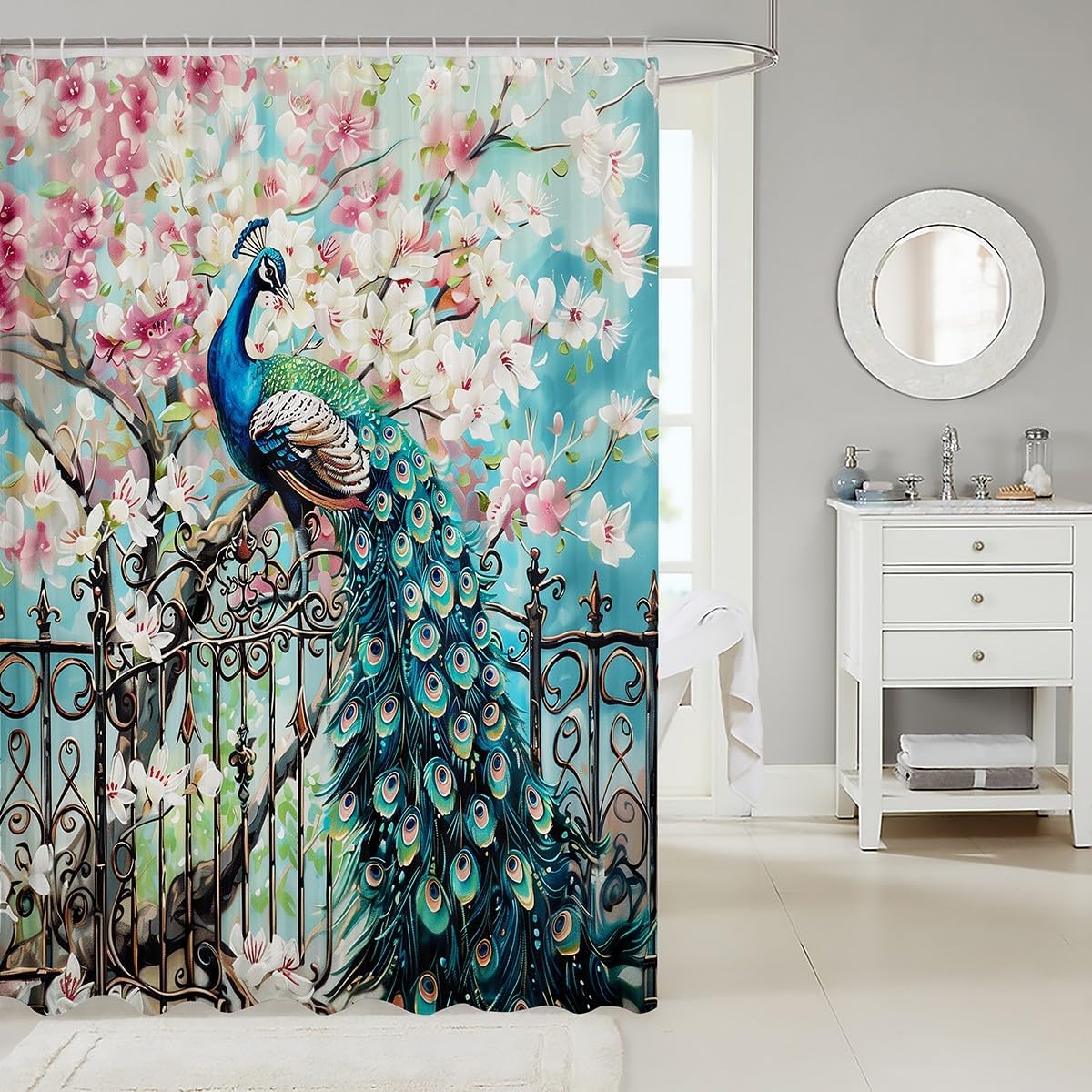 Castle Fairy Gorgeous Peacock Shower Curtain Pink White Cherry Blossom Bathroom Shower Curtain Set Japanese Style Bath Curtain Garden Fence Peacock Waterproof Curtains Room Decor 72 x 74 Inch