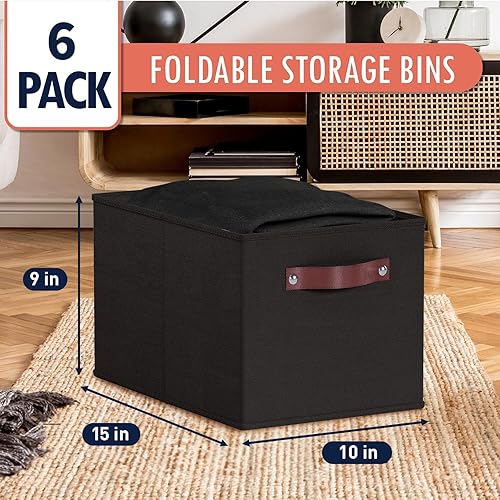 Miniatura 6 de Paquete de 6 canastas plegables rectangulares con asas de piel sintética, cesta de almacenamiento grande de tela plegable, organizador de armario y