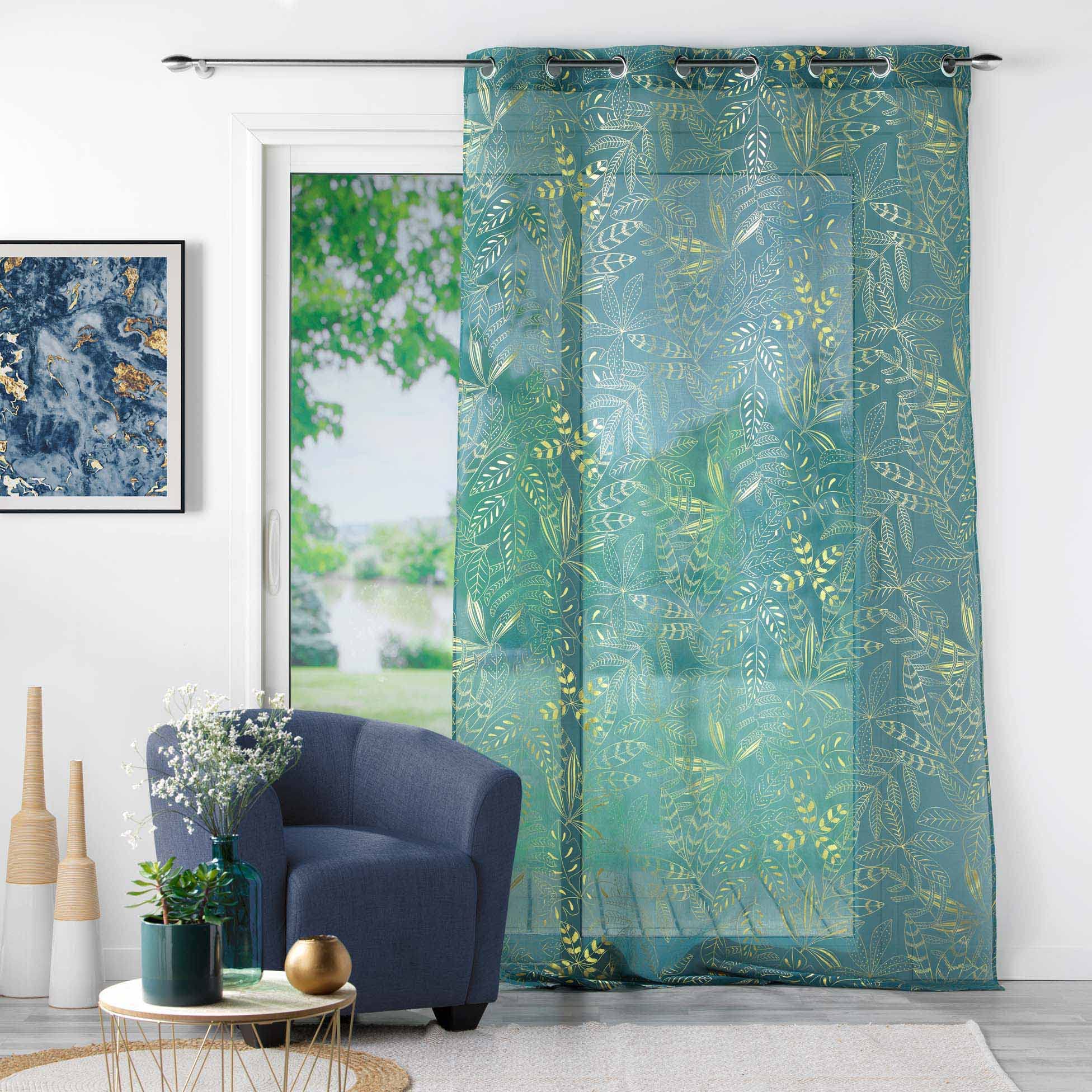Voilage à Oeillets 140 X 240 Cm - Ornella Blanc/Emeraude - Imprimé Métallisé - Pour Salon Ou Chambre