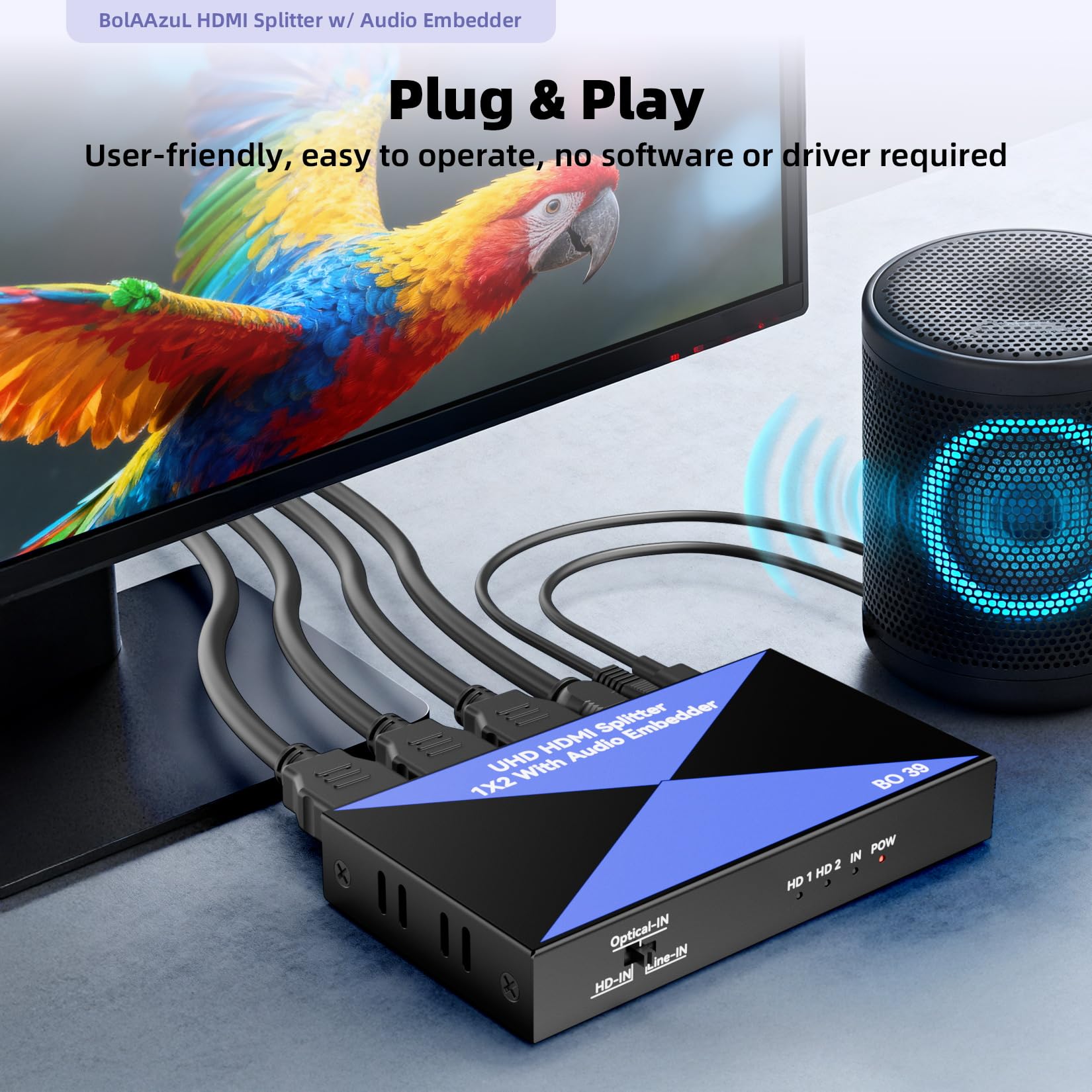 Sdoppiatore HDMI 4K 1 in 2 out con audio embedder, HDMI 2.0, inseritore audio digitale analogico (ottico/3,5 mm), HDCP 2.2, 2 display mostrano lo stesso contenuto contemporaneamente per PS4/5, lettore