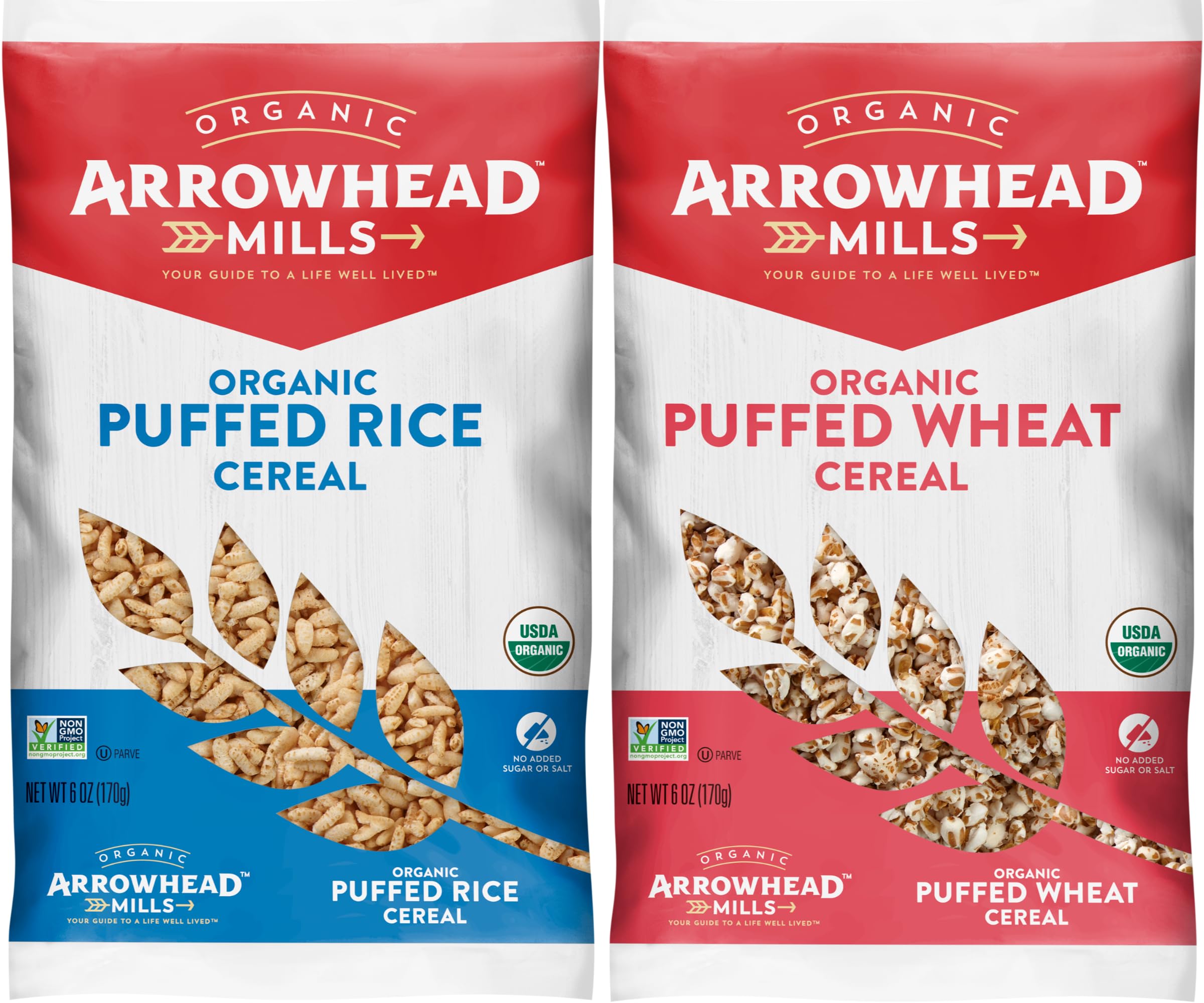 Arrowhead Mills, Organic, Non-GMO Cereal, Puffed Rice, & Puffed Wheat Cereal, 6 oz Bag