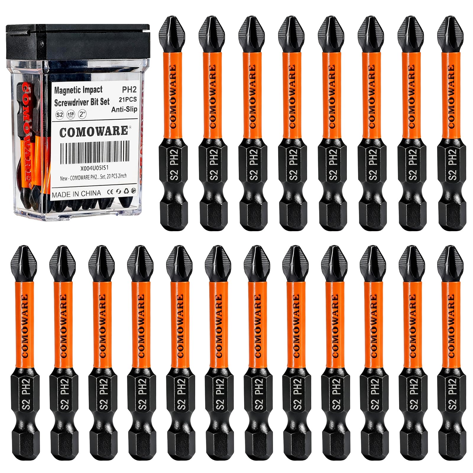 COMOWARE 2 Inch PH2 High Magnetic Impact Screwdriver Drill Bit Set, 21PCS, #2 Anti-Slip Phillips Bits, S2 Steel, Phosphating Driver Bit Set with CNC Magnetic Impact Bits for Power Drill