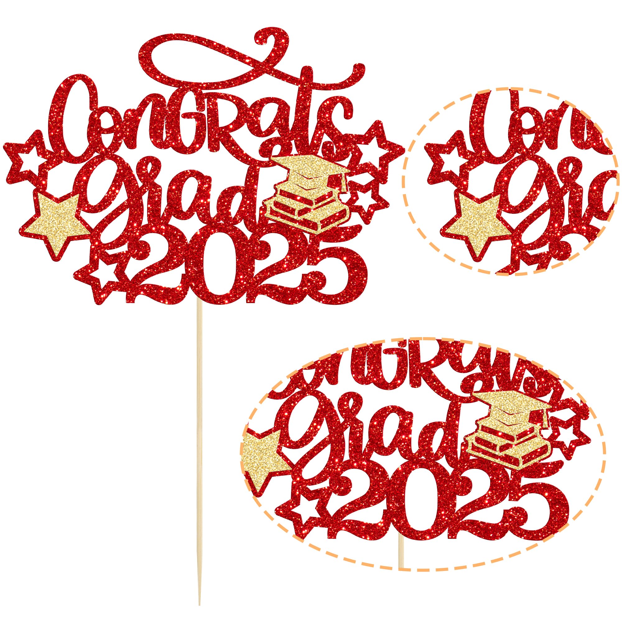 Gyufise 1Pc Congrats Grad 2026 Cake Topper Glitter Diploma Grad Cap Cake Pick Class of 2026 Senior Graduation Cake Decoration for 2026 Graduation Theme Party Decorations Supplies Red - Image 3