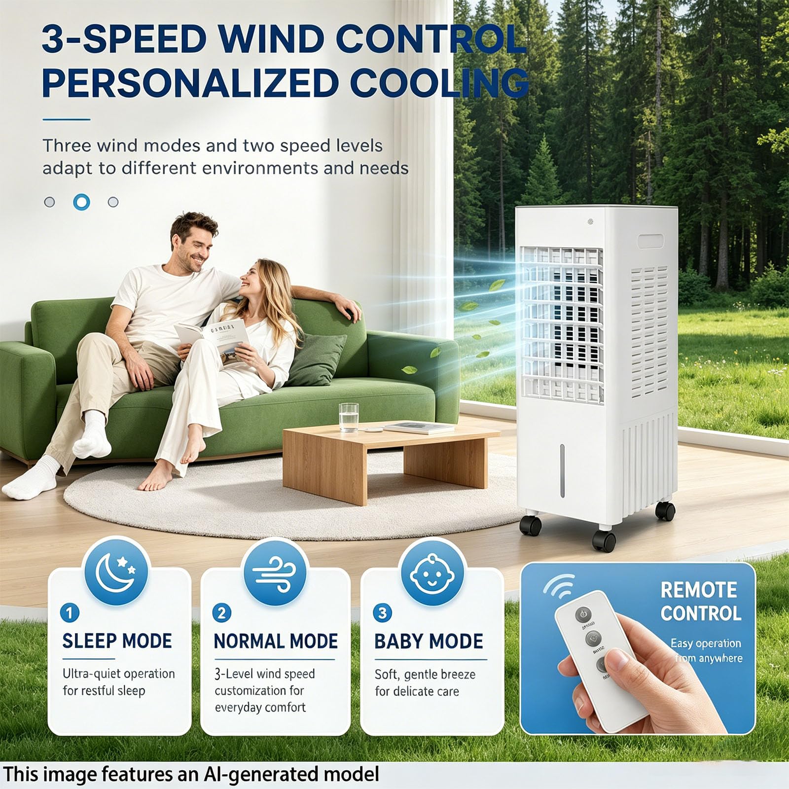 4-in-1 Portable Air Cooler, 12L Evaporative Air Conditioner No Hose, with 4 Ice Packs, 3-Speed Fan, Quiet Operation, 7.5H Timer, Humidifier & Air Purifier, Remote Control for Home & Bedroom