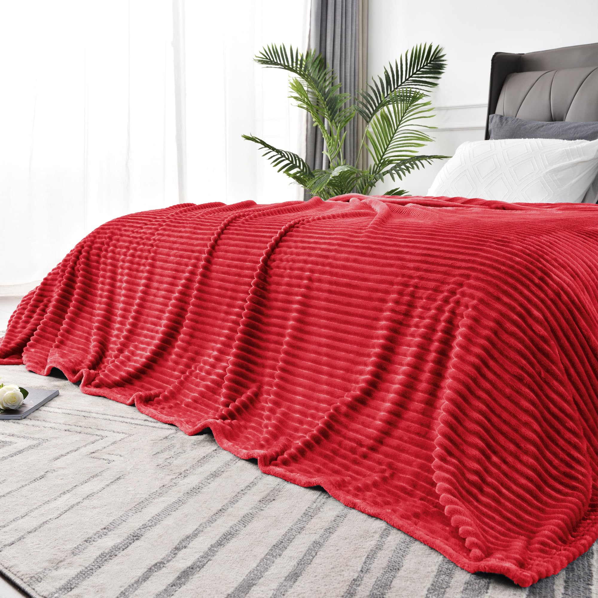 BEDELITE 3D Ribbed Jacquard Red King Size Blankets for Bed, 108x90 Inch | Soft Warm Decorative Fluffy Blanket, Cozy Fuzzy Lightweight Plush Fleece Throw Blankets for Bed, Room Decor, Gift for Women