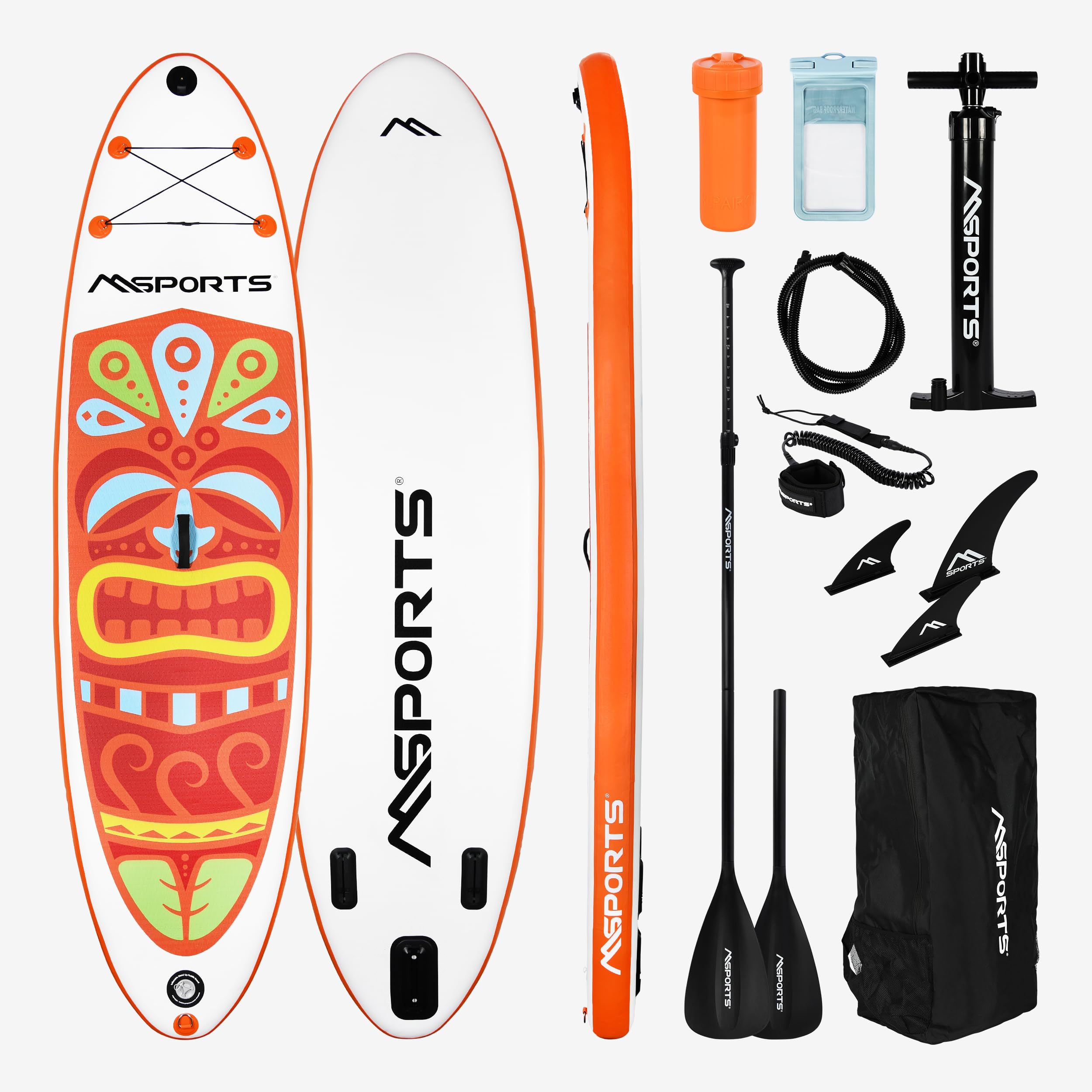 MSPORTS SUP - Tabla de surf de remo hinchable, accesorios completos, remo ajustable, bomba de alta calidad + 2 bastones de remo + bolsa impermeable para smartphone + bolsa multifunción