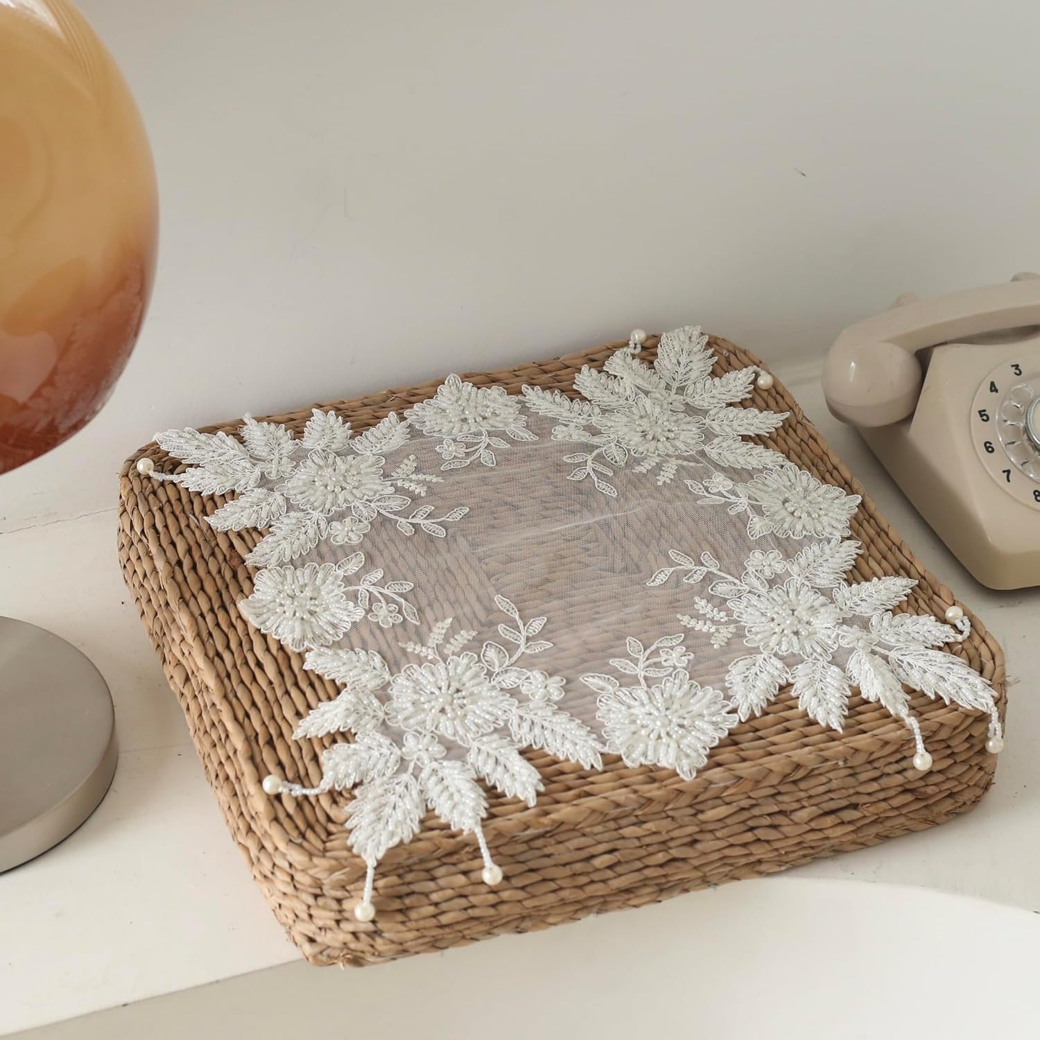 Handmade Embroidery Beaded lace Doilies - Home Decor Mat for Coffee Table, Ornaments, Flower Pot, Home, Wedding Decoration, (Beige, 31.5“ x 31.5“)