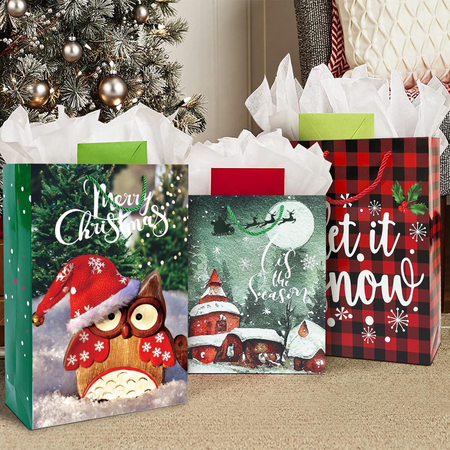 Party Funny 24 Christmas Gift Paper Bags Bulk with handles and 60 Count Christmas Gift Tags-Assorted sizes set for Wrapping Xmas Holiday Presents(6 Jumbo,6 Large,6 Medium,4 Small,2 Wine) image 3