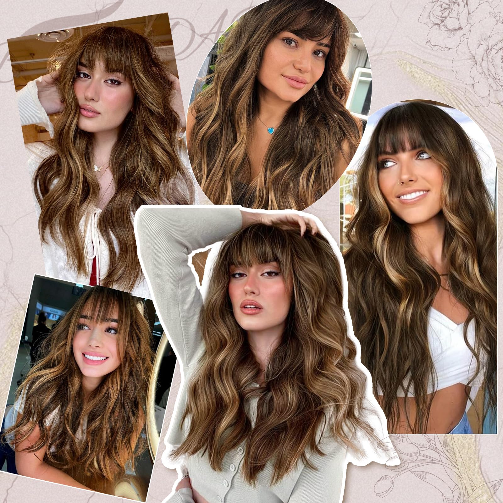 BARSDAR Lange Gewellt Highlight Perücke mit Pony, 66cm Lange Gewellt Braun Mix Blond Perücke mit Pony für Damen Synthetische Haar Replacement Perücken Natürlich Aussehendes Halloween Haar Perücken