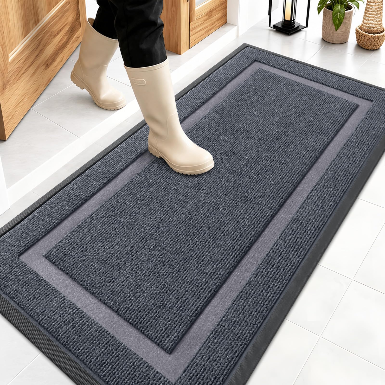 OLANLY Front Door Mat Outside 47x23, All-Season Heavy-Duty Rubber Doormat | Light Grey, Absorbent, Stain Fade Resistant, Waterproof Non-Slip Backing, Low-Profile Indoor Outdoor Floor Mat for Entryway