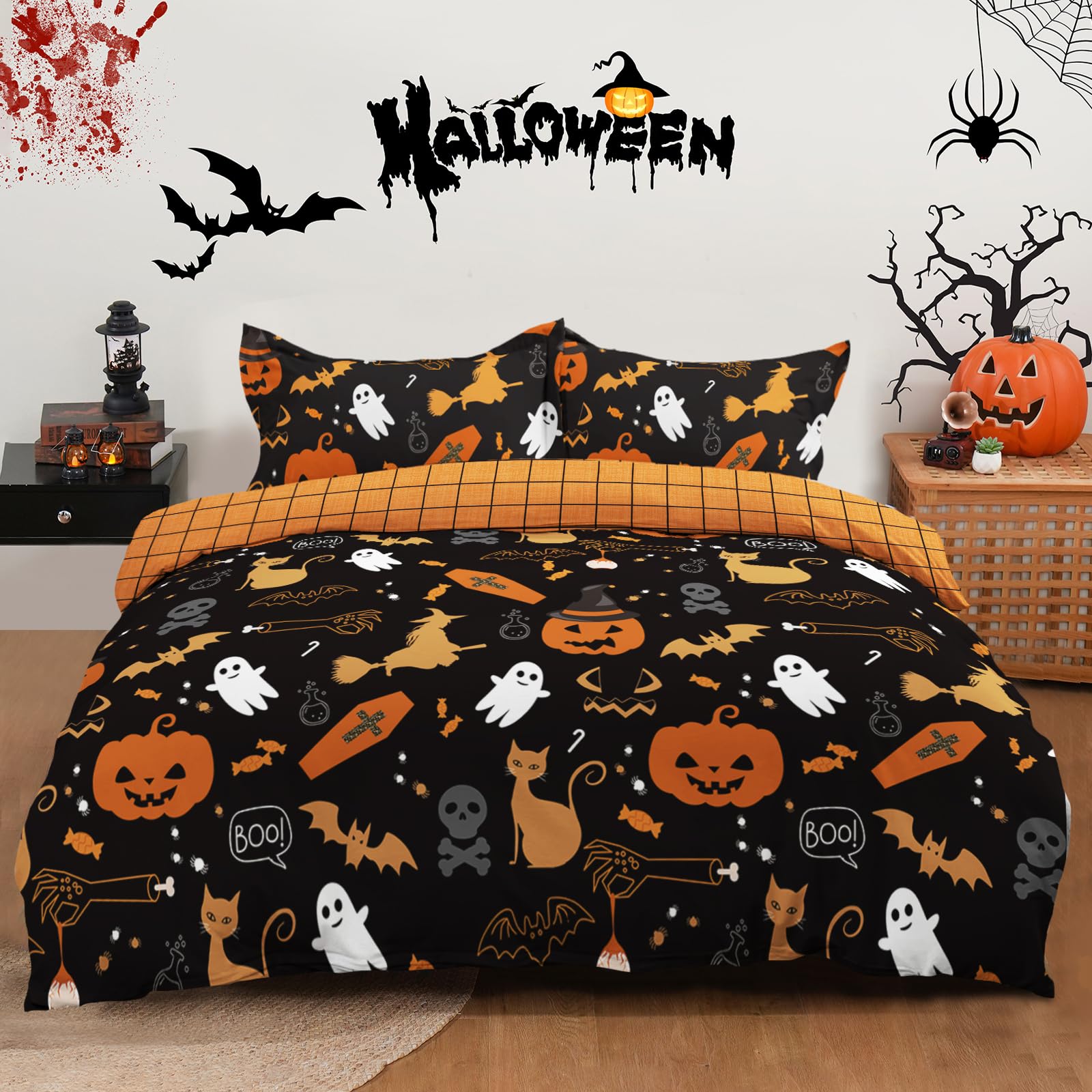 wongs bedding halloween duvet cover set queen size,black bedding set with halloween theme pumpkin witch ghost skull black cat bat patterns duvet cover for halloween 90"x90"(not comforter)