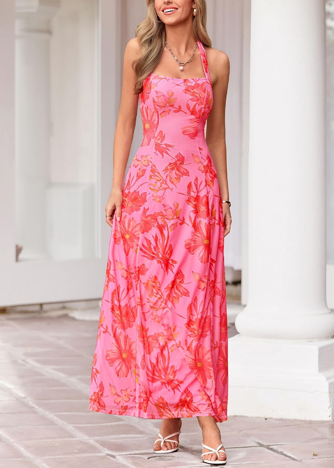 KIRUNDO Women's Summer Sleeveless Halter Floral Maxi Dress 2026 Beach Wedding Guest Cocktail Mesh Flowy A Line Long Sundress
