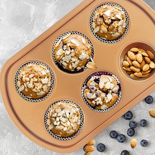 Miniatura 4 de Wokic Molde antiadherente para magdalenas, 6 tazas, bandeja para magdalenas, bandeja para magdalenas, apto para lavavajillas y resistente (dorado)