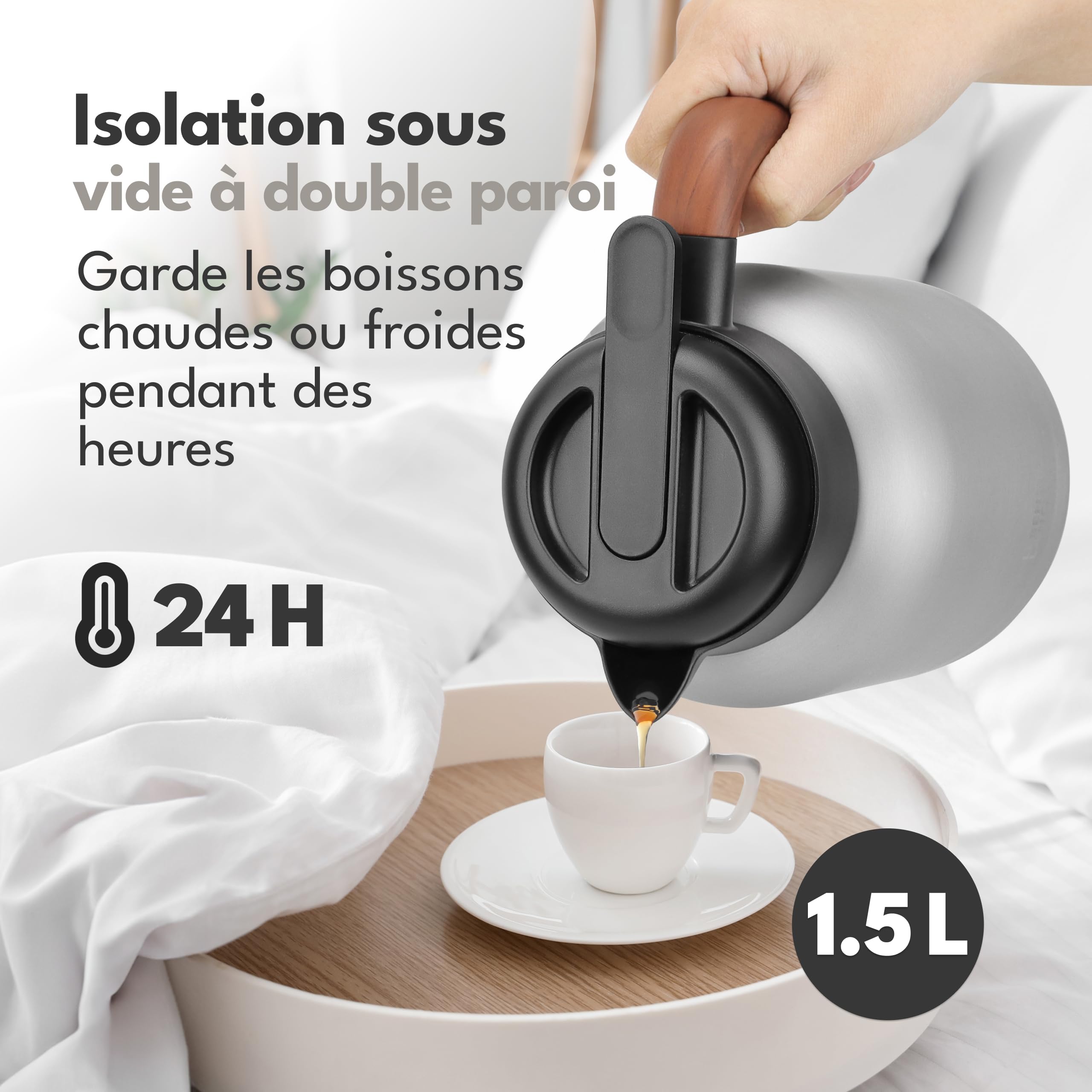 LEBENLANG Thermos café 1,5L Gris - Revêtement céramique & sans BPA I 24h au chaud & Incl. passoire à thé I Bouteille isotherme Pichet cafe inox Termos carafe isotherme Bouilloire