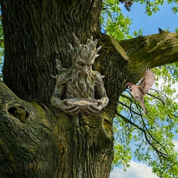 Old Man Tree Face Bird Feeder, Tree Spirit Bird Feeder, All Season Outdoor Sculpture, Decorative Tree Spirit Well for Garden, Balcony, Deck, Park (Brown) - 4